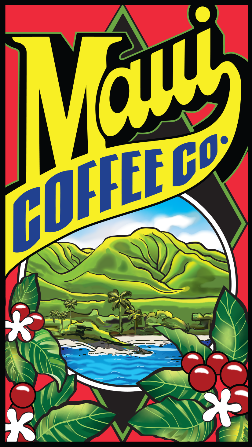 Colorful Maui Coffee Co. sign with yellow and blue text, tropical mountains, ocean, palm trees, and coffee plants with red berries and white flowers in the foreground. Bold red and black border frames the illustration.