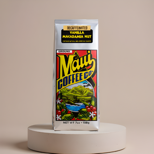 Vanilla Macadamia Nut Coffee Decaffeinated Front of Bag Image Ground Variation