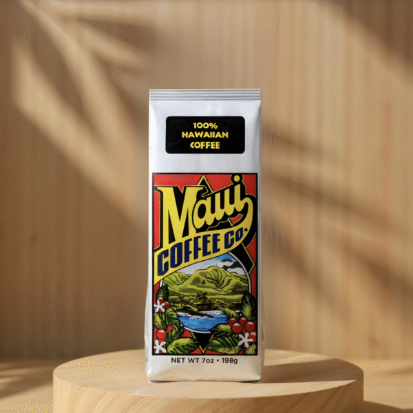 A bag of 100% Hawaiian Coffee rests on a wooden surface, highlighted by a vibrant label that embodies the essence of Hawaiian coffee with its scenic landscape, red coffee cherries, and striking yellow and black lettering.