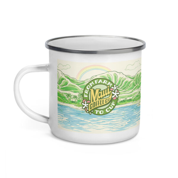 The Maui Coffee Co. Enamel Mug features a nature-themed design with vibrant green mountains, a rainbow, and water. The text “From Farm to Cup” and “Maui Coffee Co.” is displayed in the center, and the white enamel mug is accented with a gray rim.