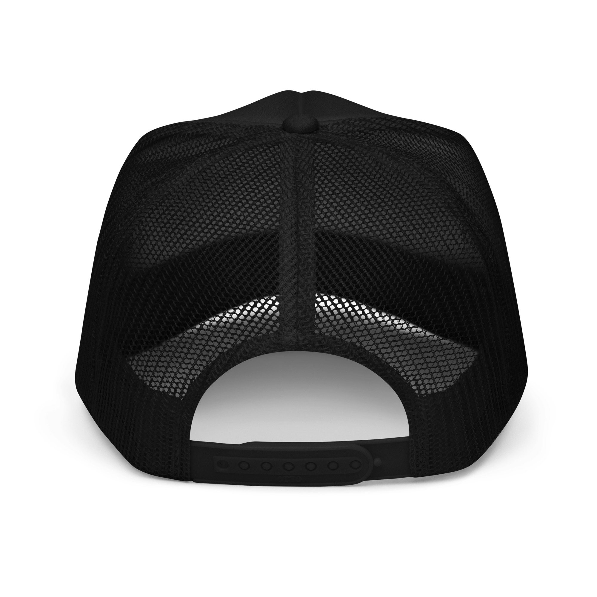 White Surfer Foam Trucker Hat shown from the back, featuring a snapback closure with evenly spaced adjustment holes and a curved brim partially visible at the bottom.