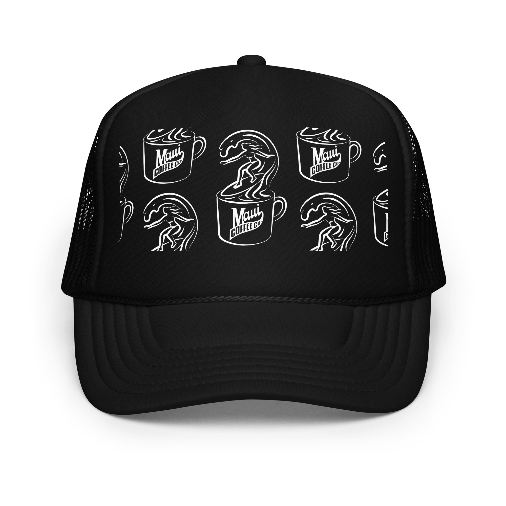 White Surfer Foam Trucker Hat featuring a repeating white line art pattern of coffee mugs, each with the text “Maui Coffee Co” and a surfer riding a wave inside. The hat has mesh sides and back.