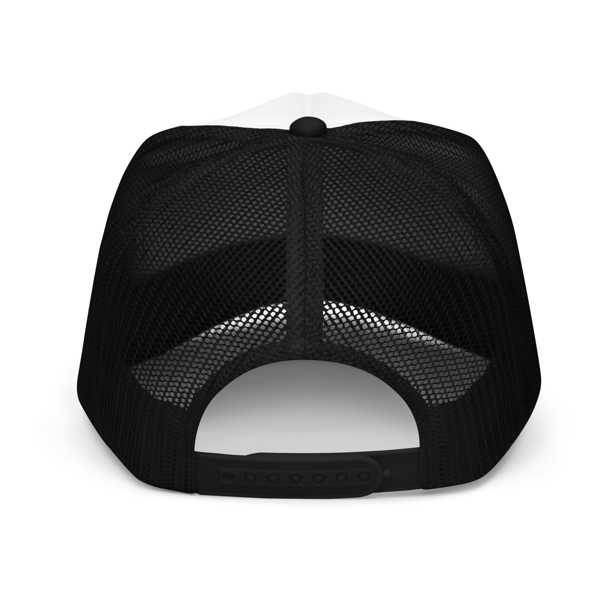 A Surfer Foam Trucker Hat in black mesh, shown from the back with an adjustable snapback closure and a contrasting white front panel.