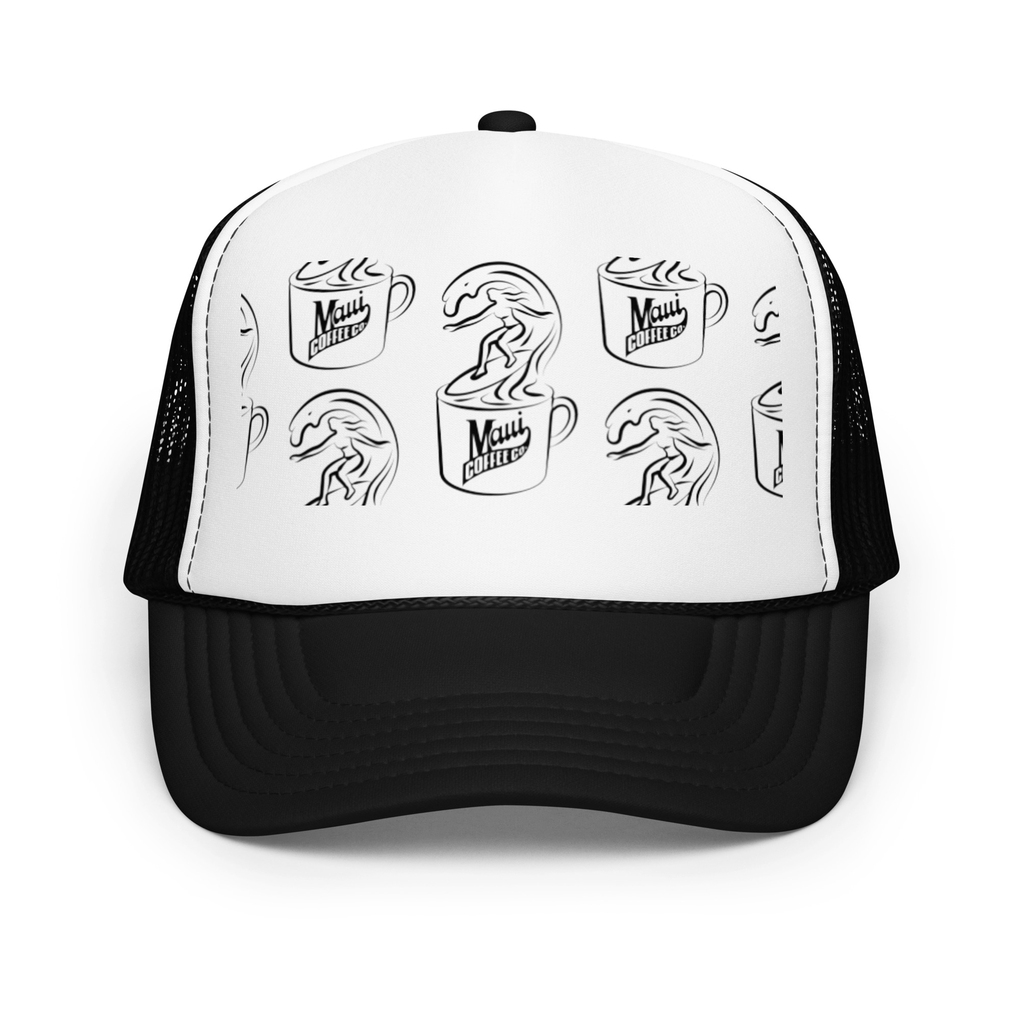 The Surfer Foam Trucker Hat features a white and black design with a repeating Maui Coffee cup pattern, each showcasing a stylized wave and a surfer riding inside the cup.