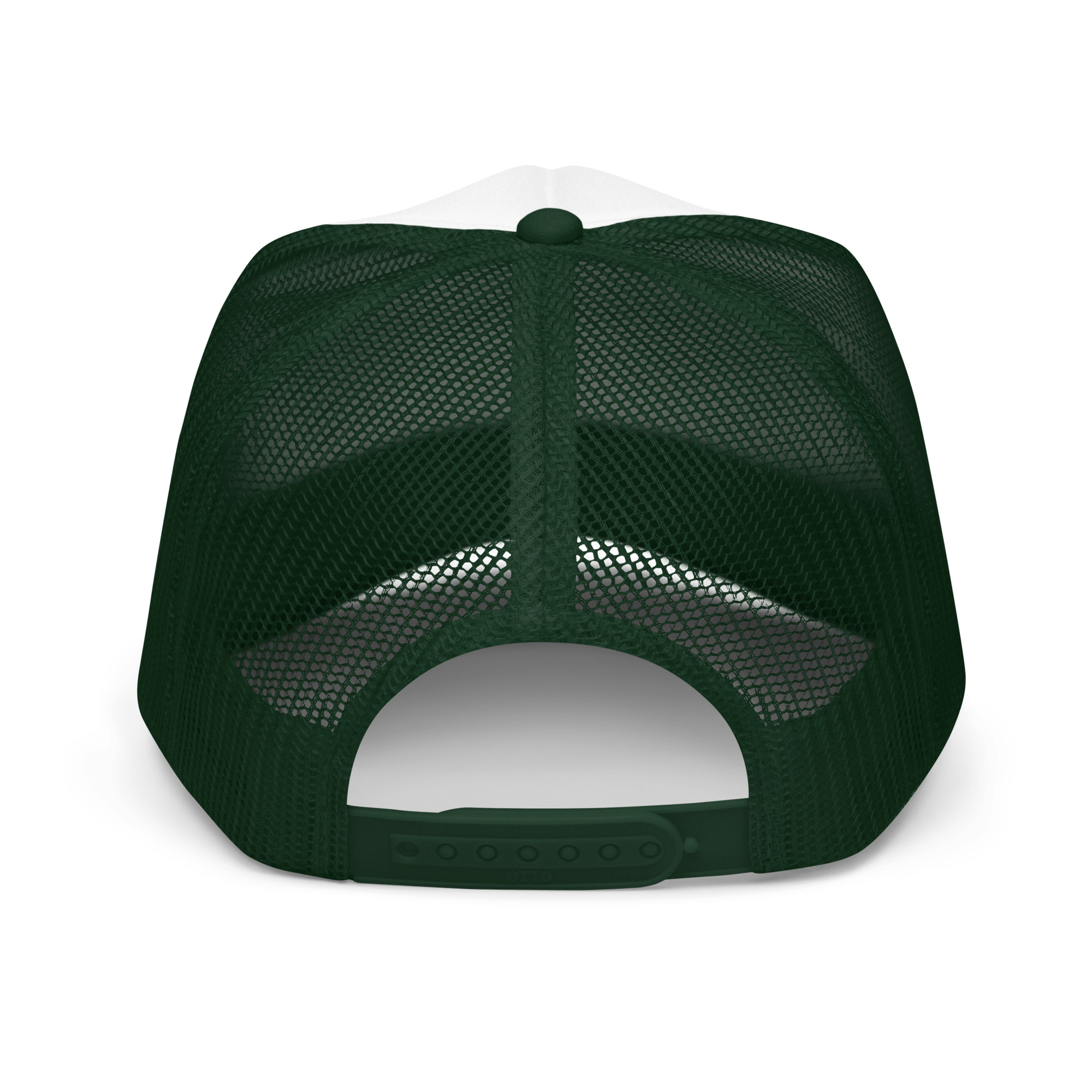 Surfer Foam Trucker Hat in green and white, shown from the back to highlight the breathable mesh material and adjustable snap closure.