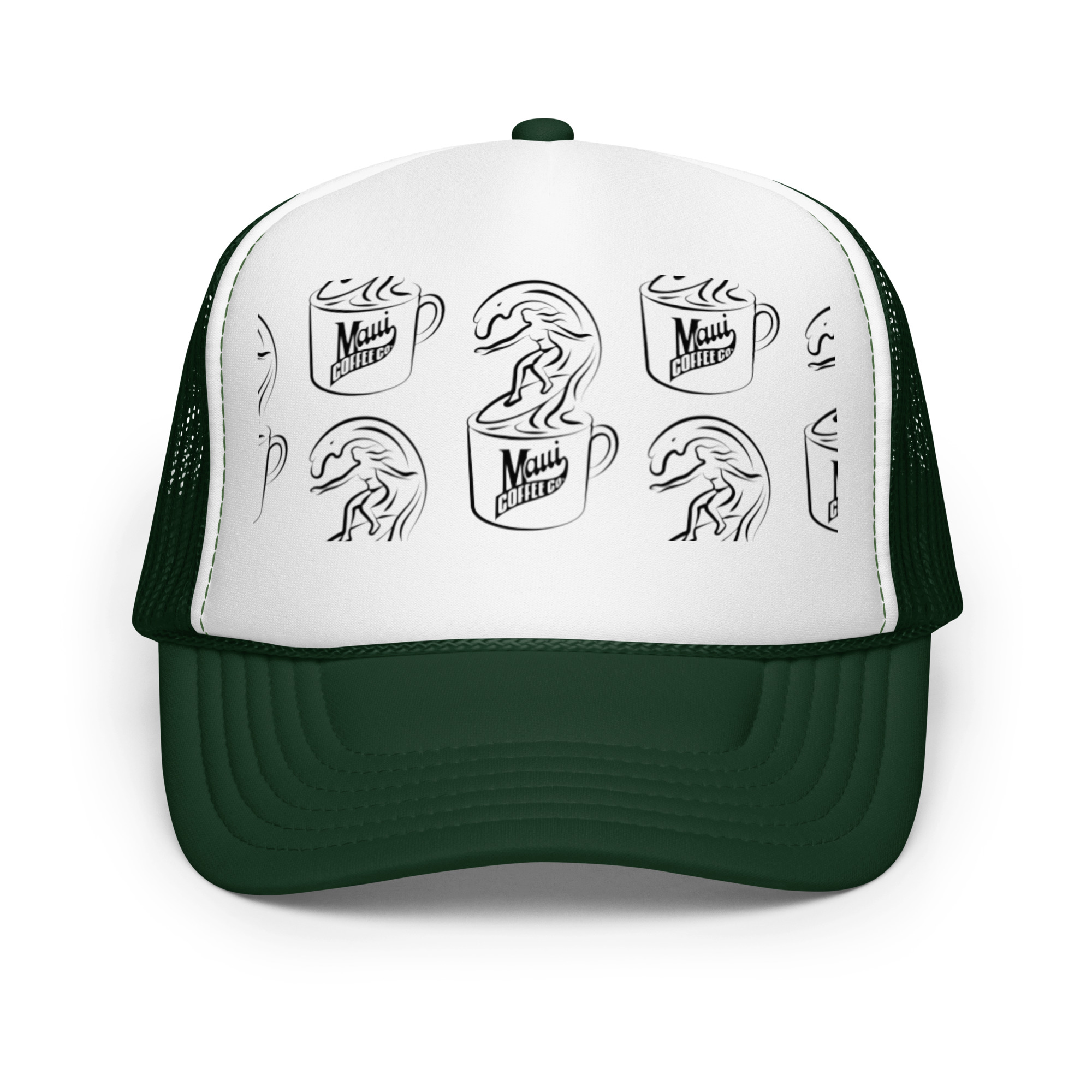 Surfer Foam Trucker Hat in white and green featuring a playful pattern of coffee mugs, “Maui Coffee” text, wave illustrations, and a surfer riding a wave emerging from a coffee mug.