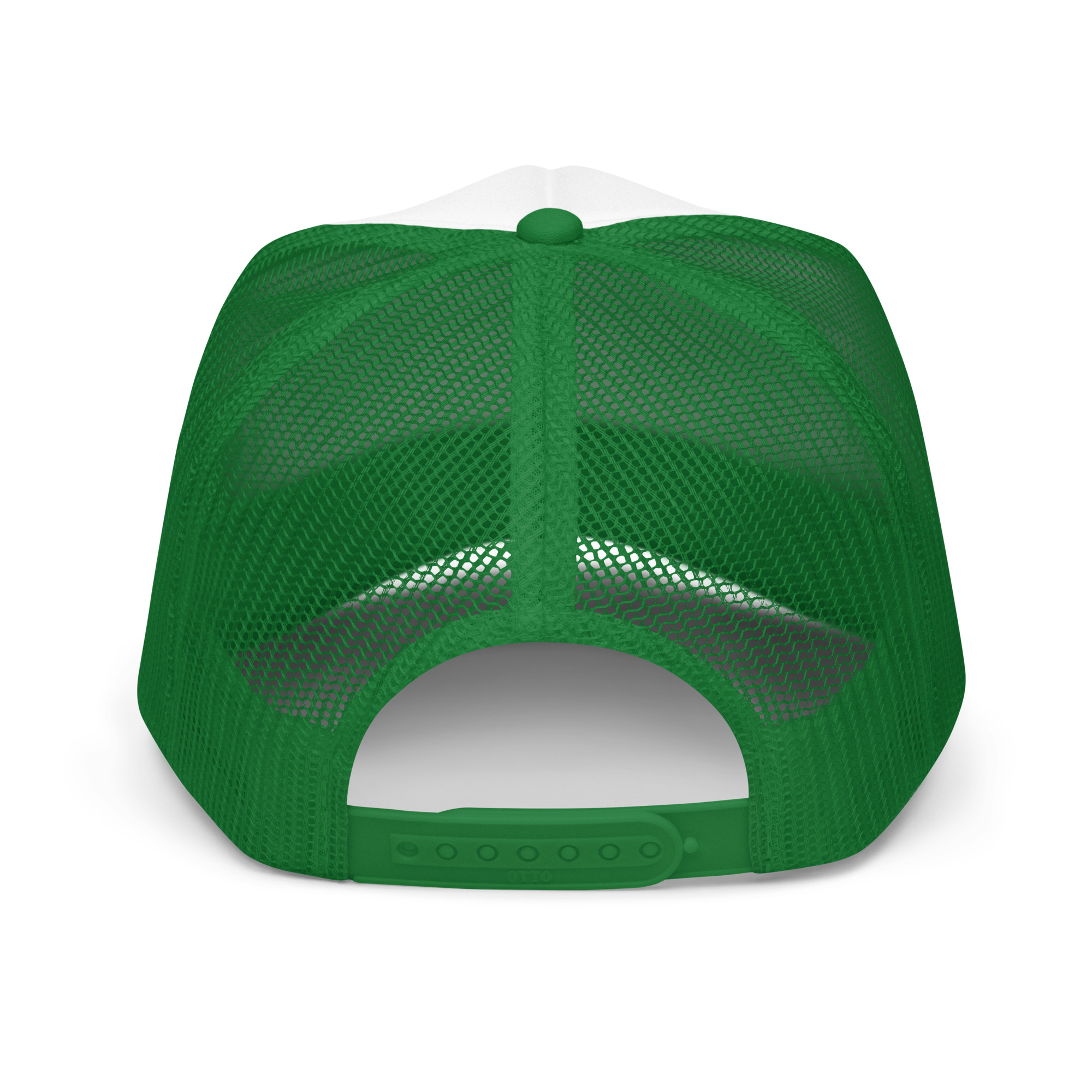 Surfer Foam Trucker Hat in green and white, shown from the back to highlight its mesh material and adjustable snapback closure.
