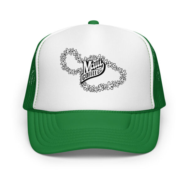 Lei Foam Trucker Hat in white and green featuring the Maui Coffee Co logo on the front, surrounded by a lei of small flowers.