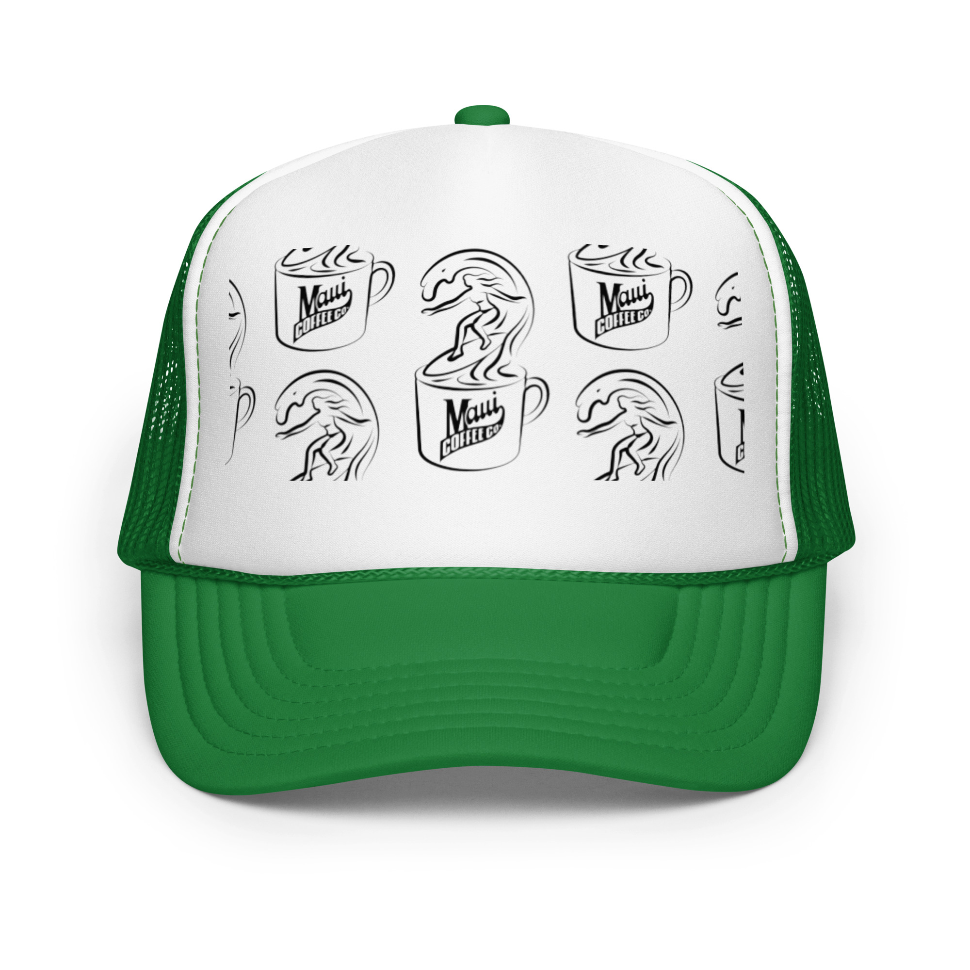 Surfer Foam Trucker Hat in green and white, featuring black line art of Maui Coffee mugs—each with a wave and surfer inside—printed on the front panel.