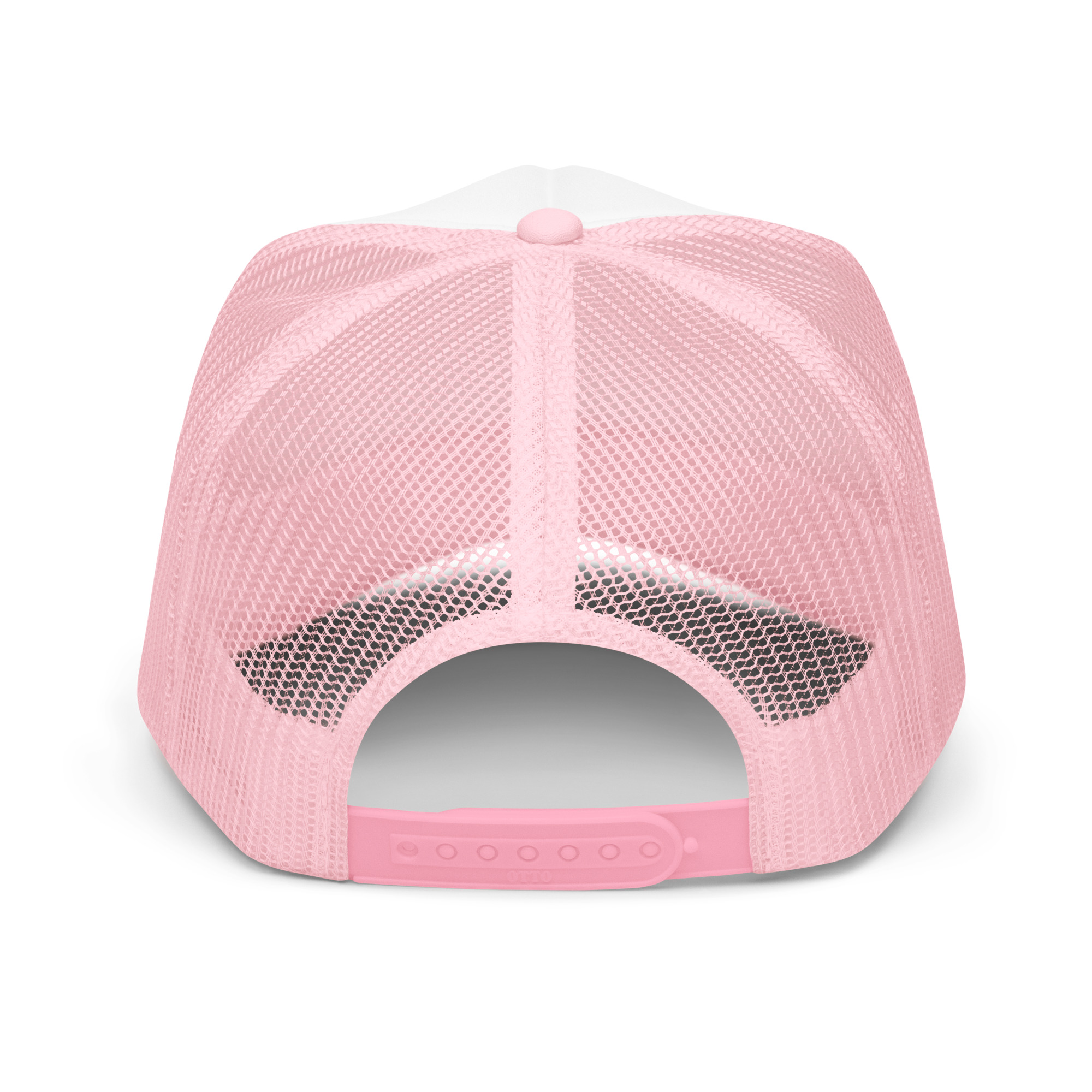 Back view of the Surfer Foam Trucker Hat in pink, featuring a white mesh panel, adjustable snapback closure, and detailed stitching.