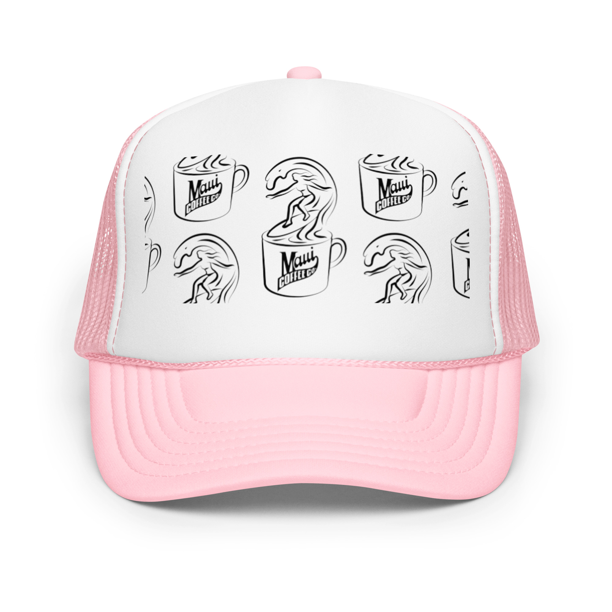 Surfer Foam Trucker Hat in pink and white featuring repeating black line art of coffee mugs labeled “Maui Coffee” with waves and a surfer emerging from inside each mug.