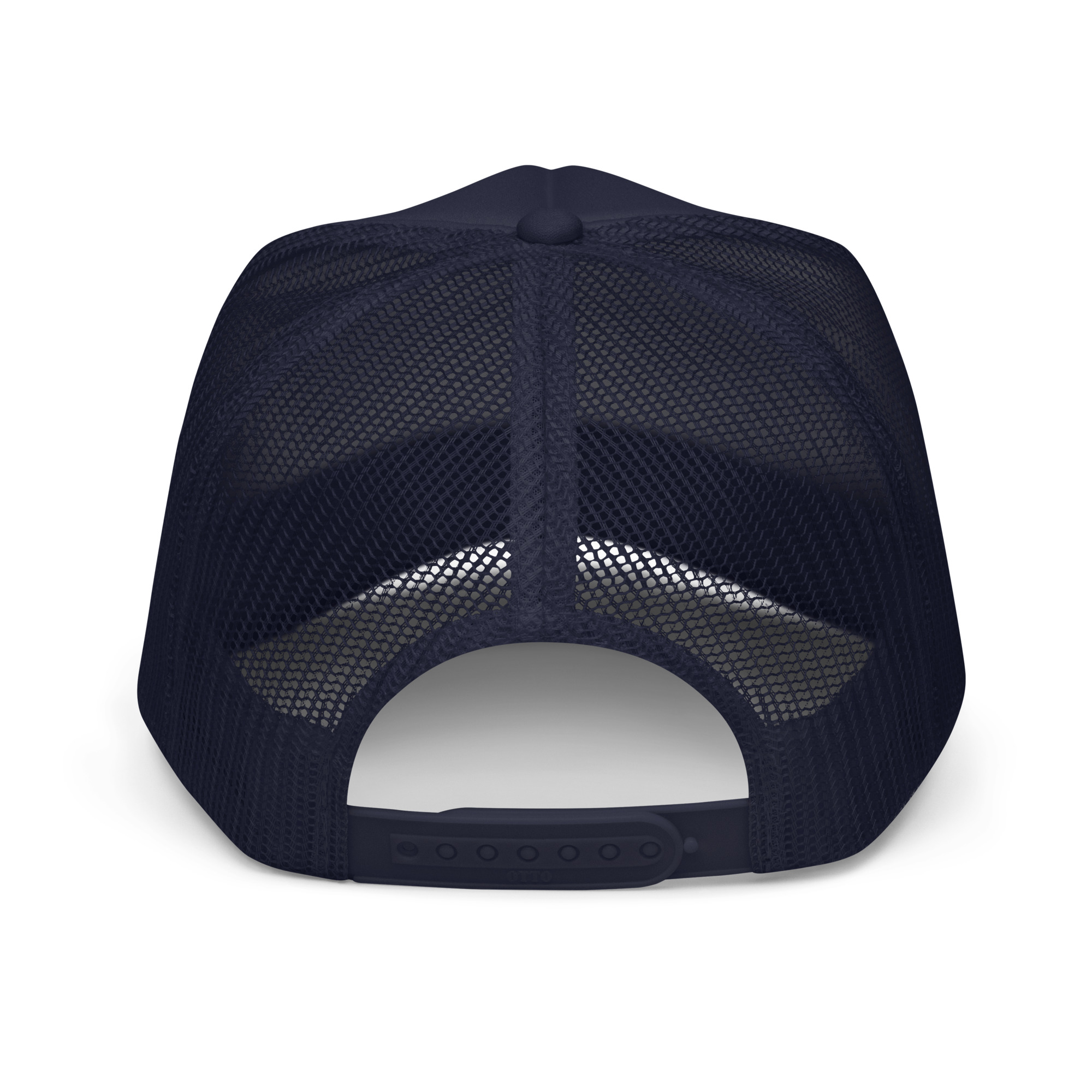 A white foam surfer trucker hat viewed from the back, showcasing its adjustable snap closure and netted mesh material.
