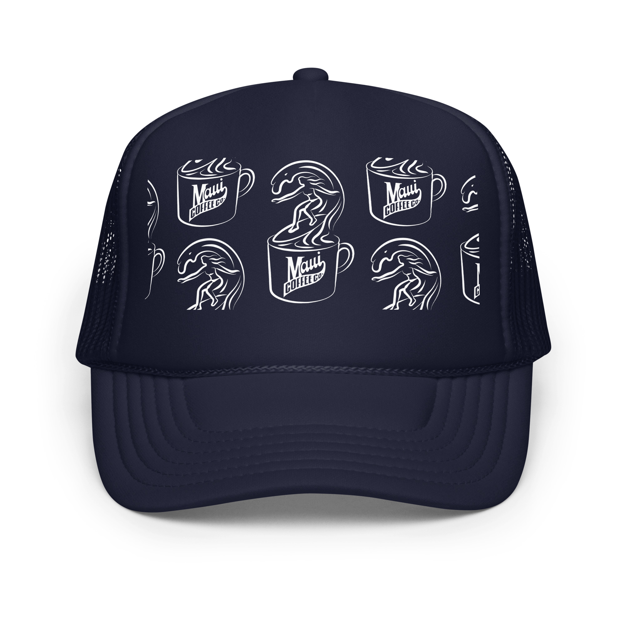 White Surfer Foam Trucker Hat: This navy blue foam trucker hat features white line art of a surfer riding a wave inside a coffee cup, with “Maui Coffee Co.” repeated in a grid pattern across the front.