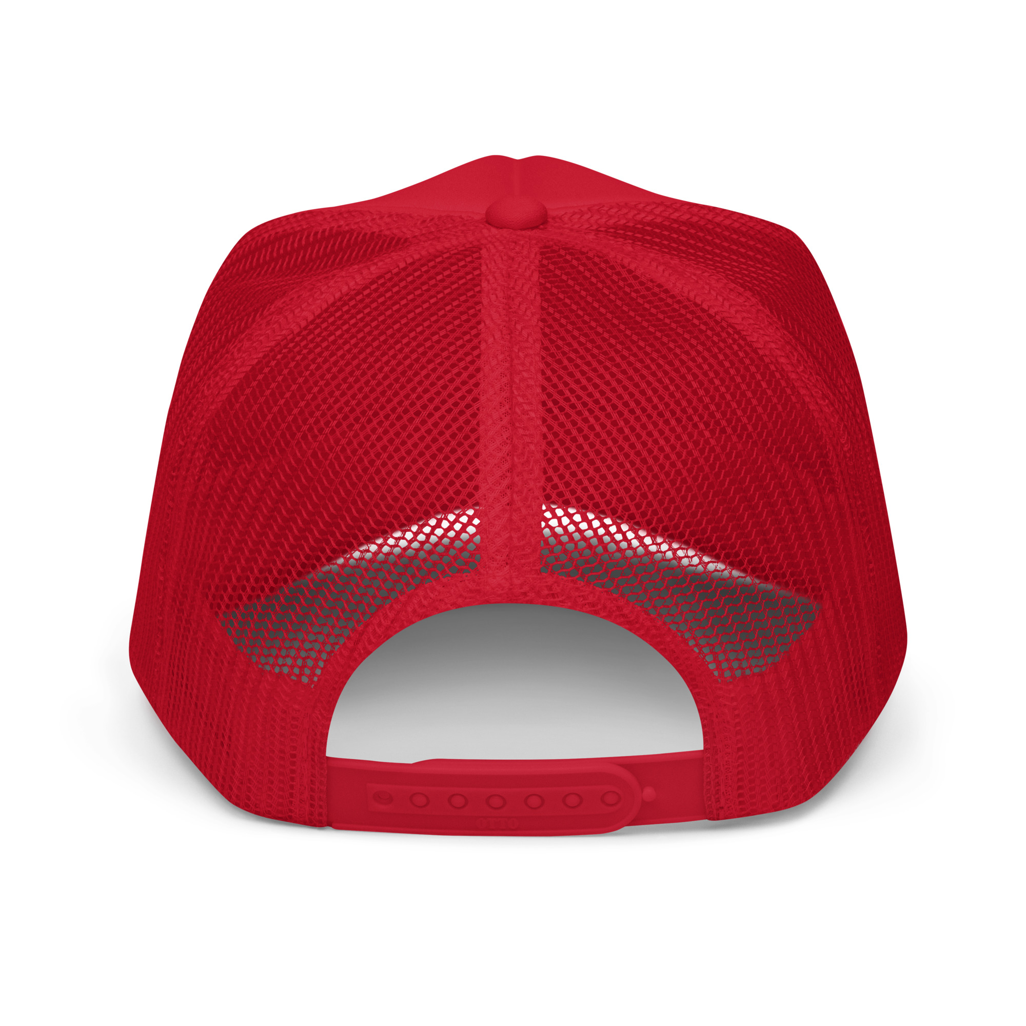 A White Surfer Foam Trucker Hat viewed from the back, featuring an adjustable snapback closure and a curved brim.