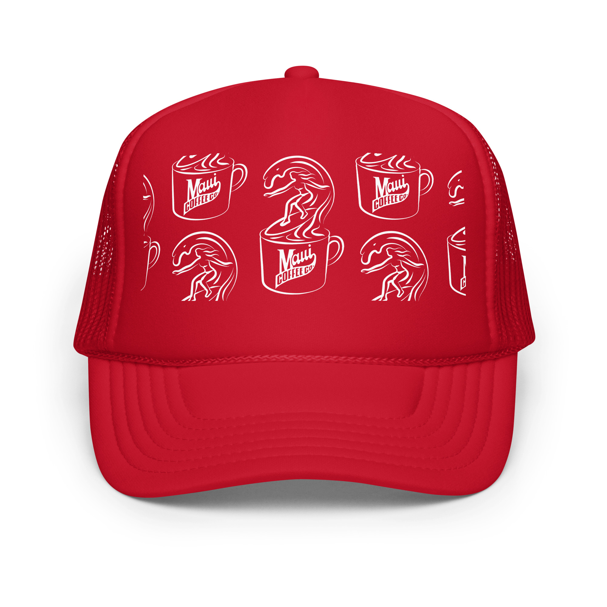 Introducing the White Surfer Foam Trucker Hat—this red mesh cap features white line art of coffee mugs labeled “Maui Coffee Co.” with waves and surfers above each mug on the front panel.