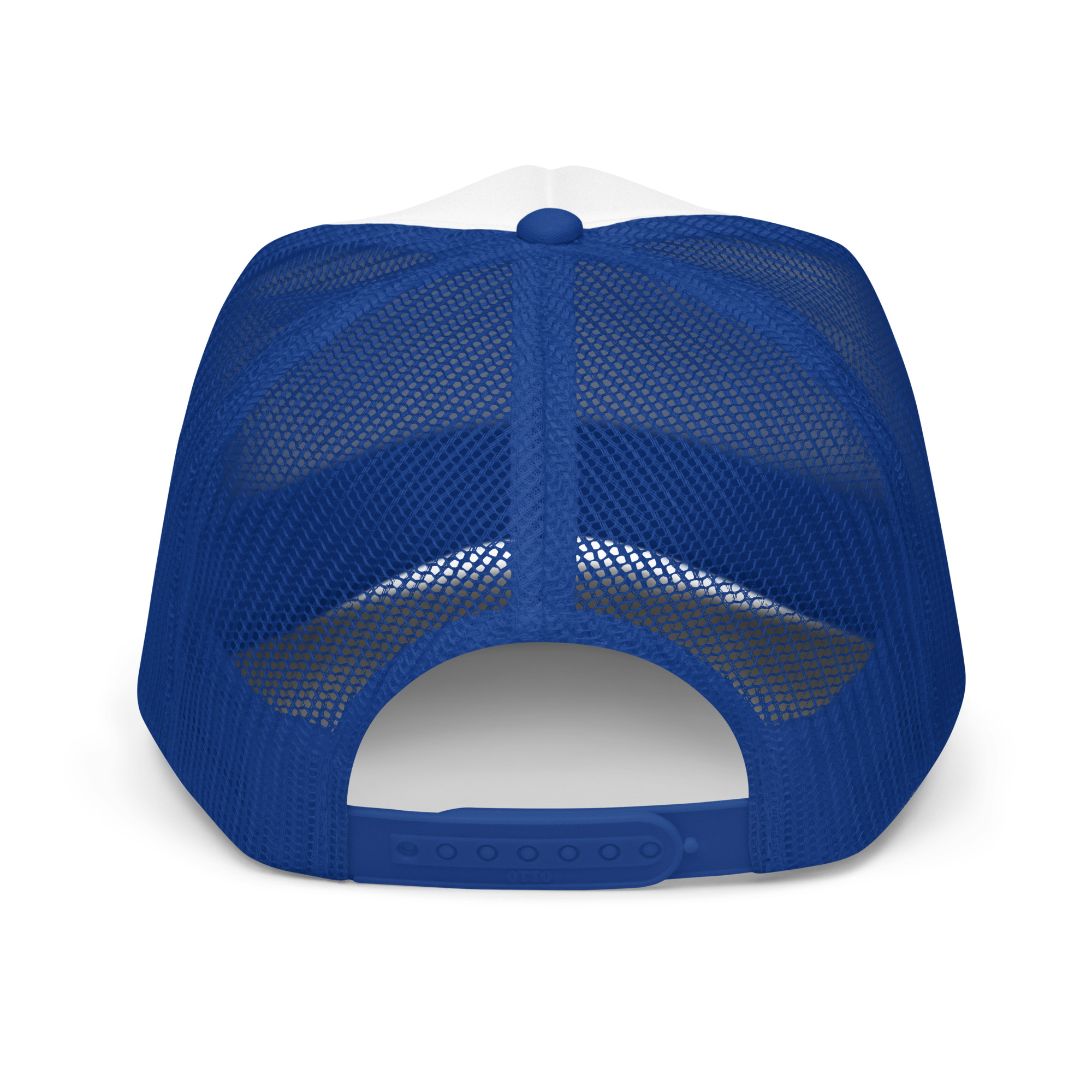 Surfer Foam Trucker Hat in blue and white mesh, displayed from the back with an adjustable plastic snap closure.