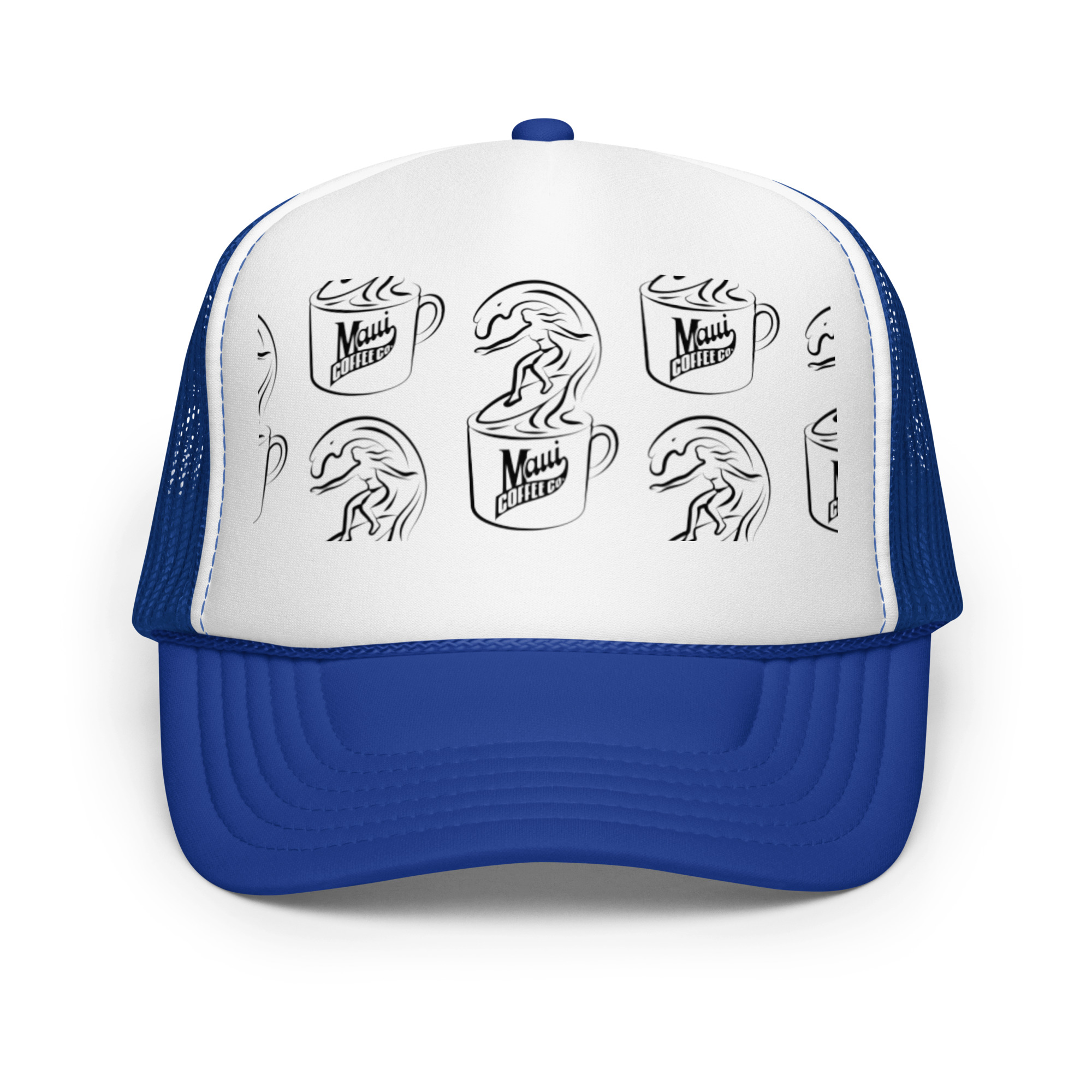 The Surfer Foam Trucker Hat is a blue and white trucker hat with a black outline pattern of mugs labeled “Maui Coffee,” each featuring waves and a surfer emerging from the mug, printed on the front panel.