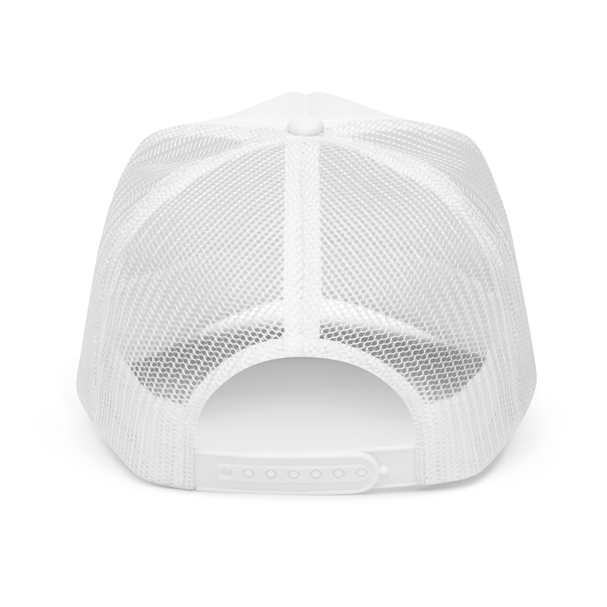 Back view of the Surfer Foam Trucker Hat in white mesh, featuring an adjustable snap closure.