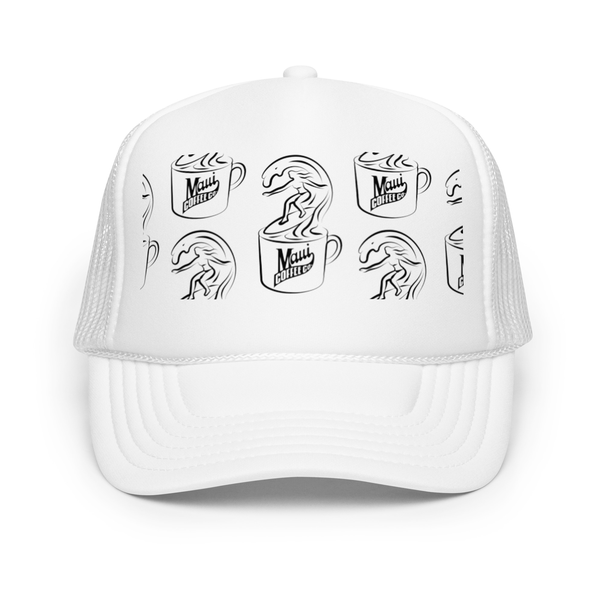 Surfer Foam Trucker Hat—white mesh with a grid pattern of black line art featuring a coffee mug labeled “Maui Coffee,” with a wave and surfer riding inside the mug.
