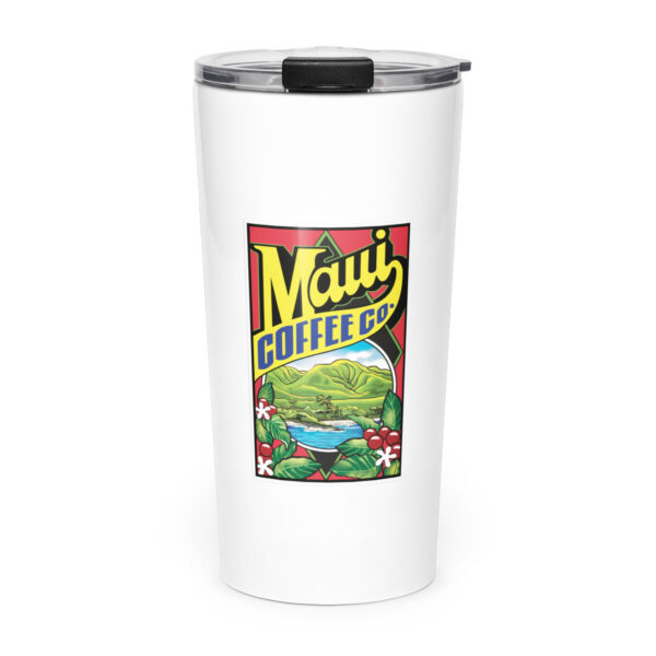 A white Logo Stainless Steel Tumbler featuring a vibrant Maui Coffee Co. logo with mountains, ocean, flowers, and green fields on the front.