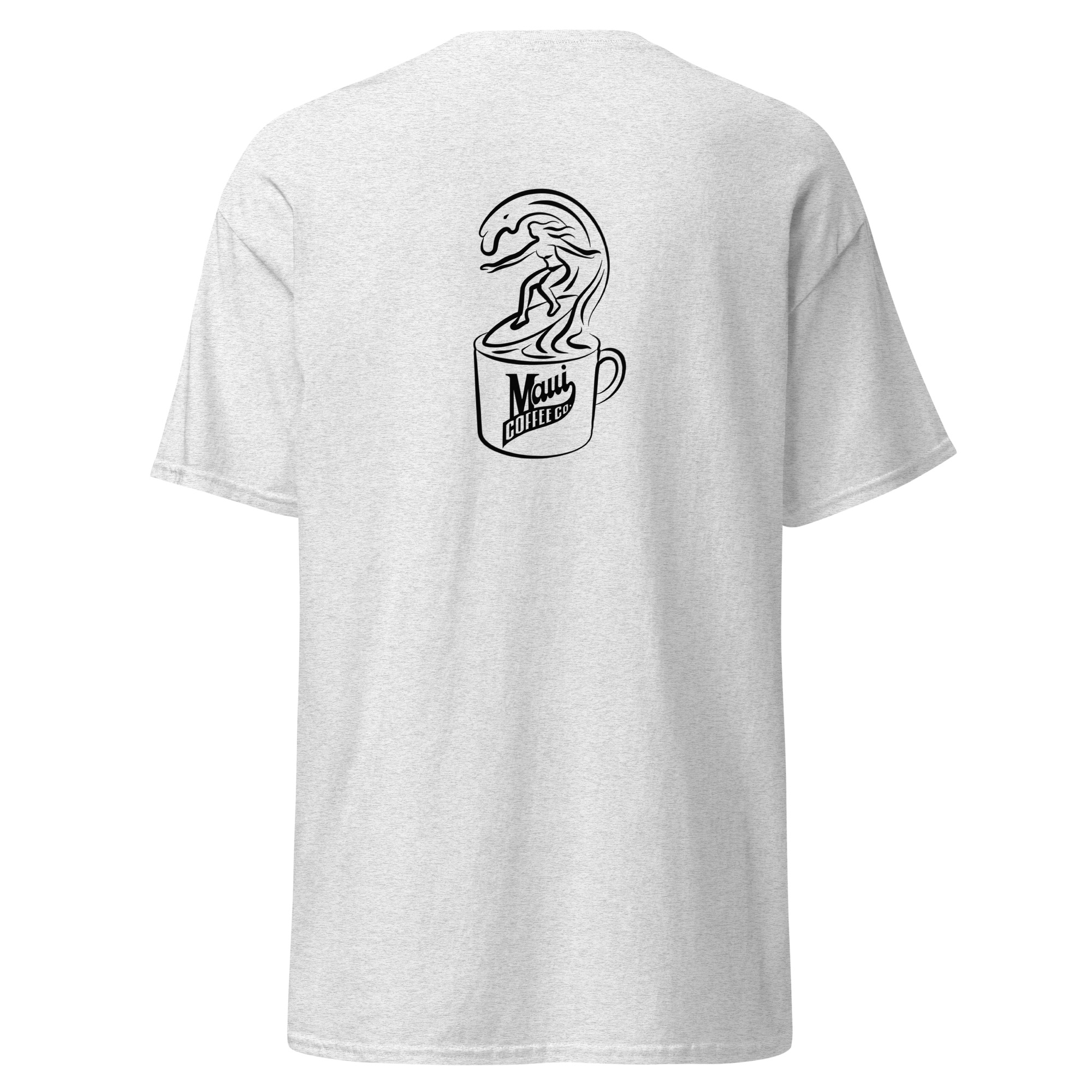 Surfer Unisex Classic Tee featuring a black line art design on the back of a surfer riding a wave emerging from a Maui Coffee cup.