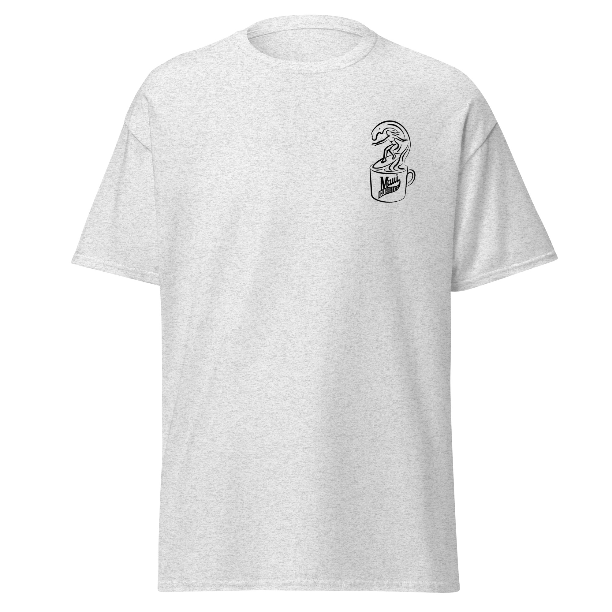 A plain light gray Surfer Unisex Classic Tee featuring a small black line art graphic of a dinosaur emerging from a coffee cup on the left chest area.