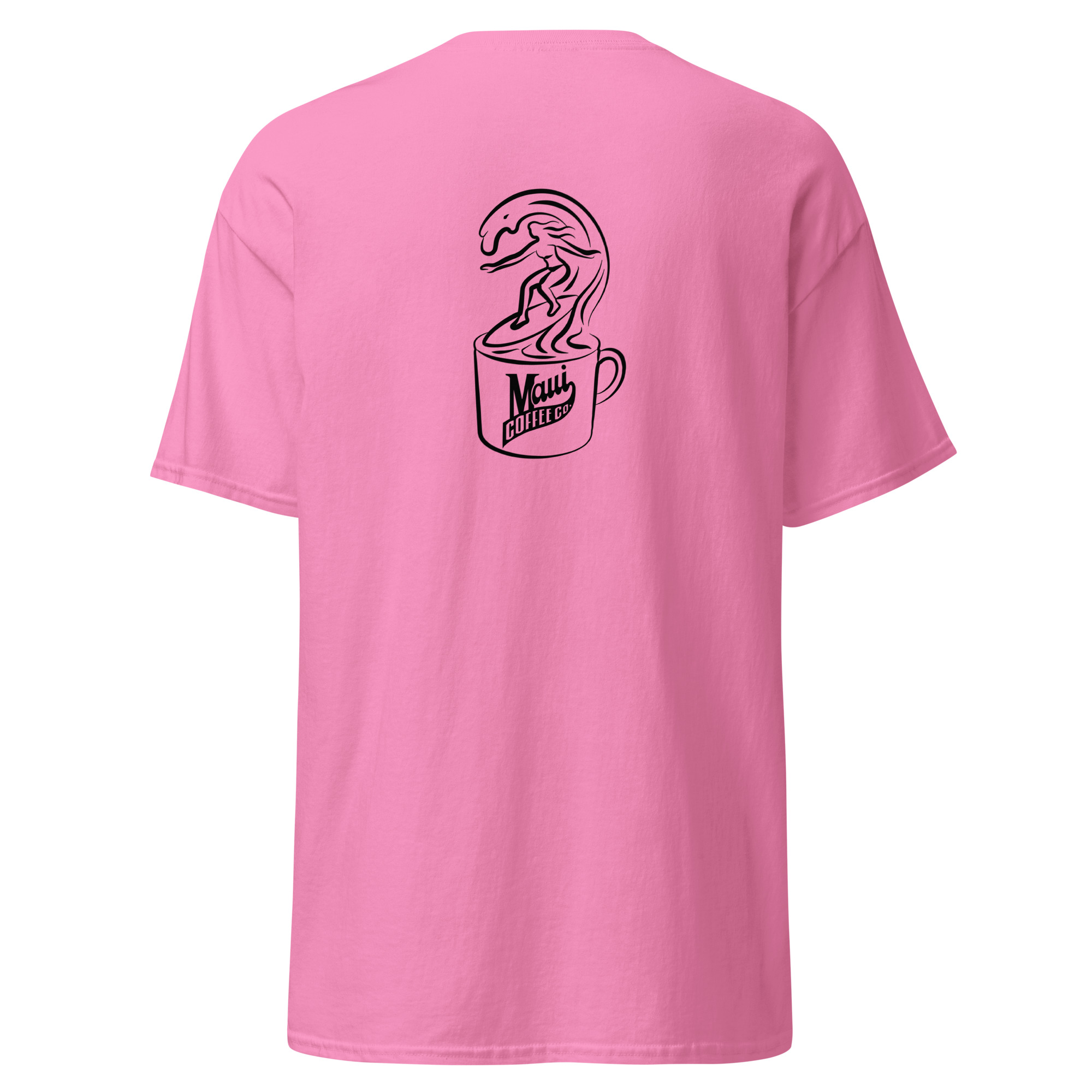The Surfer Unisex Classic Tee is a pink T-shirt featuring a black outline graphic of a wave with a surfer emerging from a coffee cup labeled “Maui Coffee” on the back.