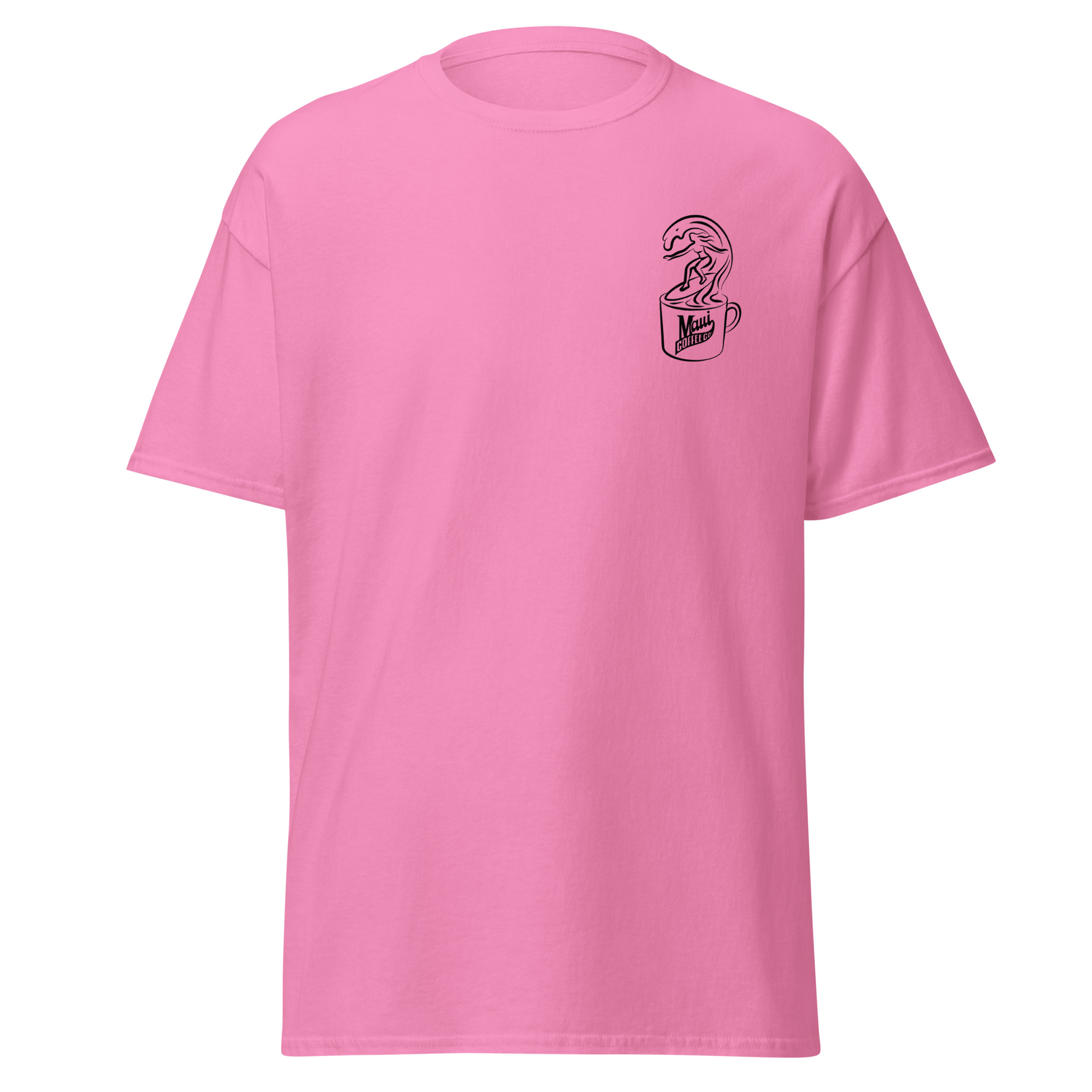A pink Surfer Unisex Classic Tee featuring a small black graphic of a dinosaur standing inside a coffee mug on the left chest.