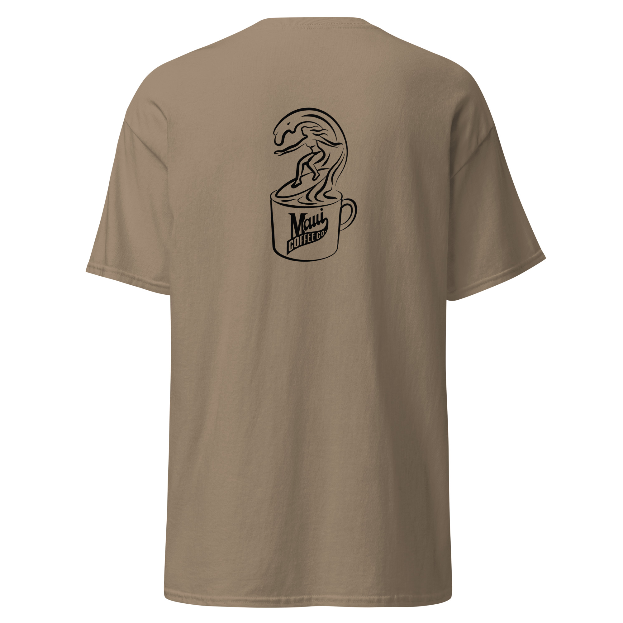 Sure! Here’s a rewritten version using your product data: The Surfer Unisex Classic Tee features a tan color with a black line drawing on the back of a surfer riding a wave emerging from a coffee cup labeled “Maui Coffee.”.