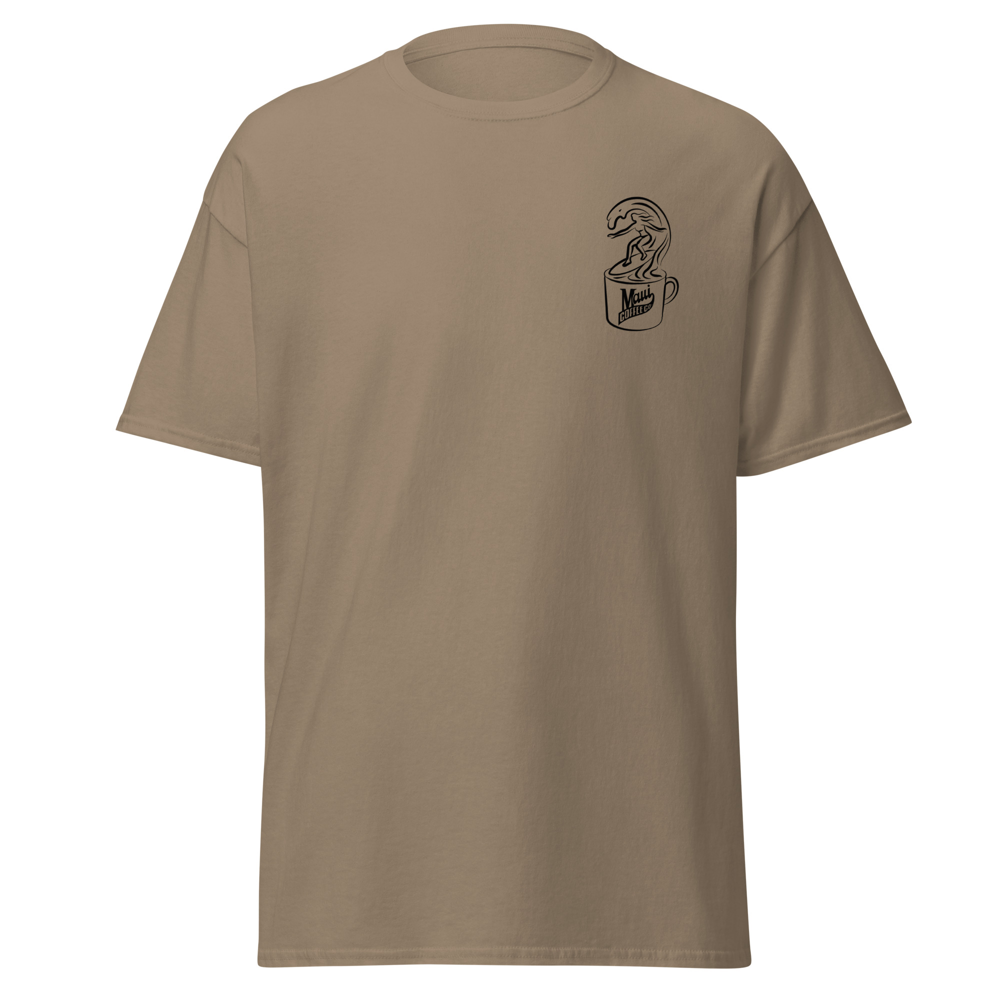 Introducing the Surfer Unisex Classic Tee: a plain tan t-shirt featuring a small black line art graphic of a person surfing inside a coffee cup, with “MiiR” written on the cup.