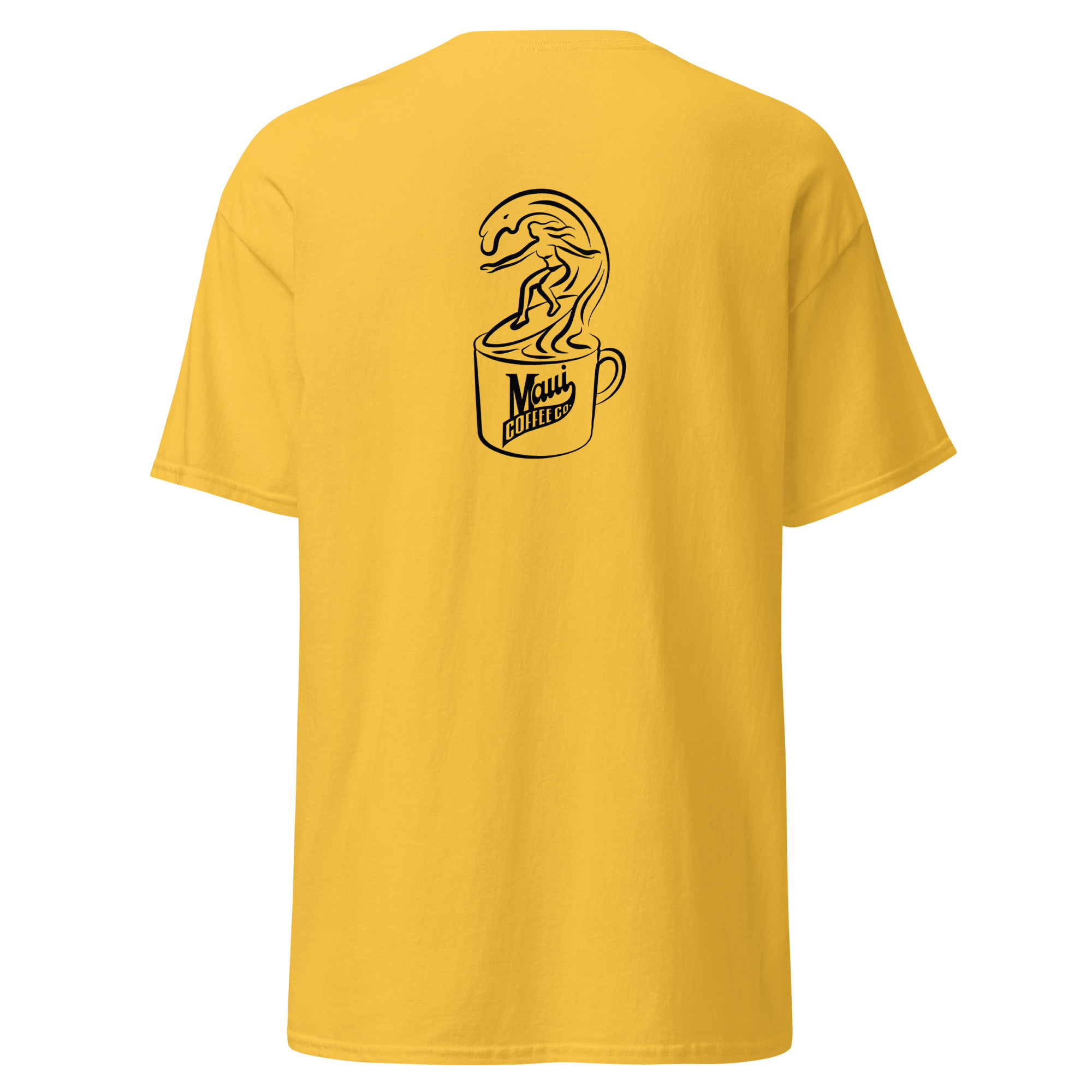 Surfer Unisex Classic Tee in yellow, featuring a black line drawing on the back of a surfer riding a wave emerging from a Maui Coffee mug.