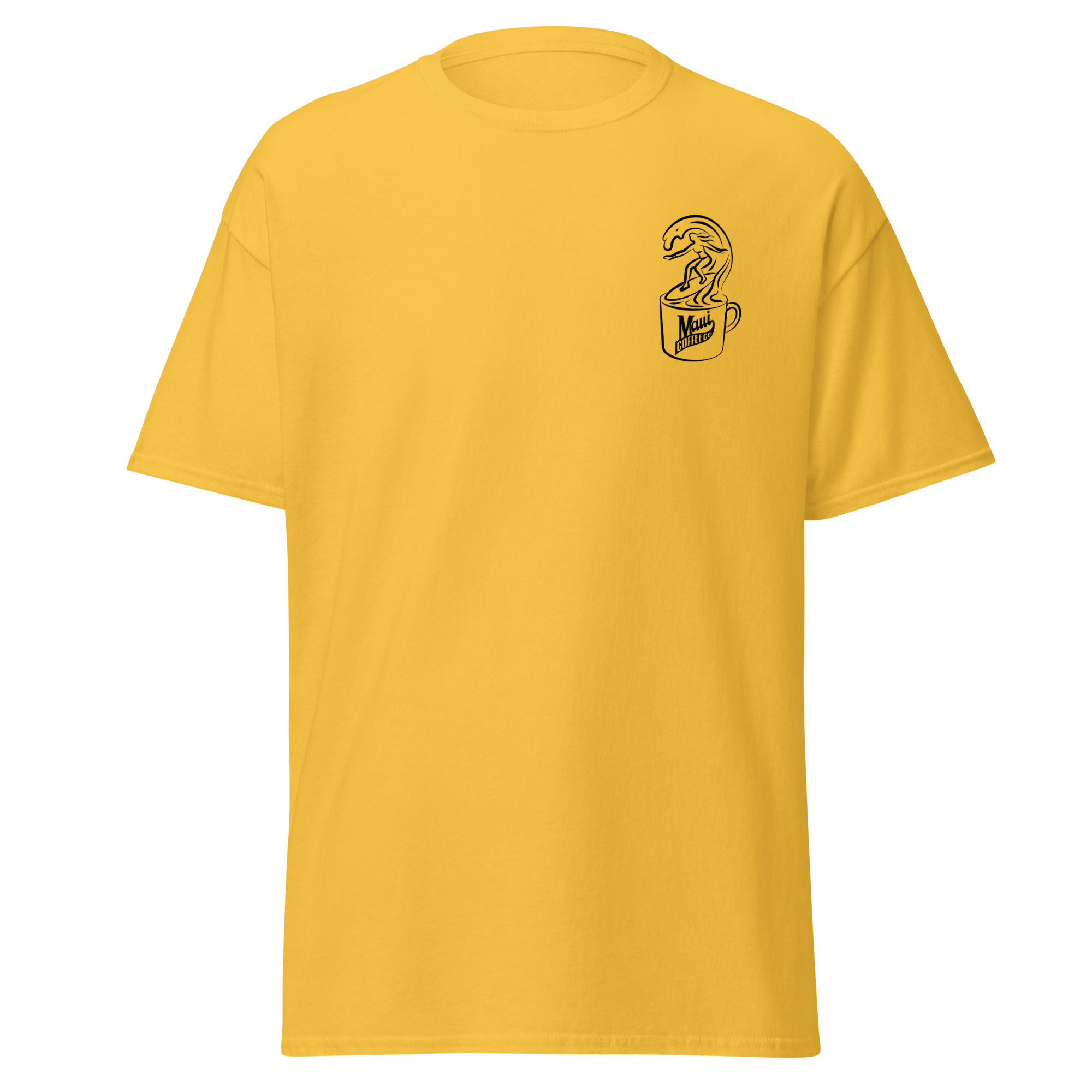 Surfer Unisex Classic Tee in yellow, featuring a small black graphic on the left chest of a person surfing inside a coffee mug, with the text “Mini Bar” below.