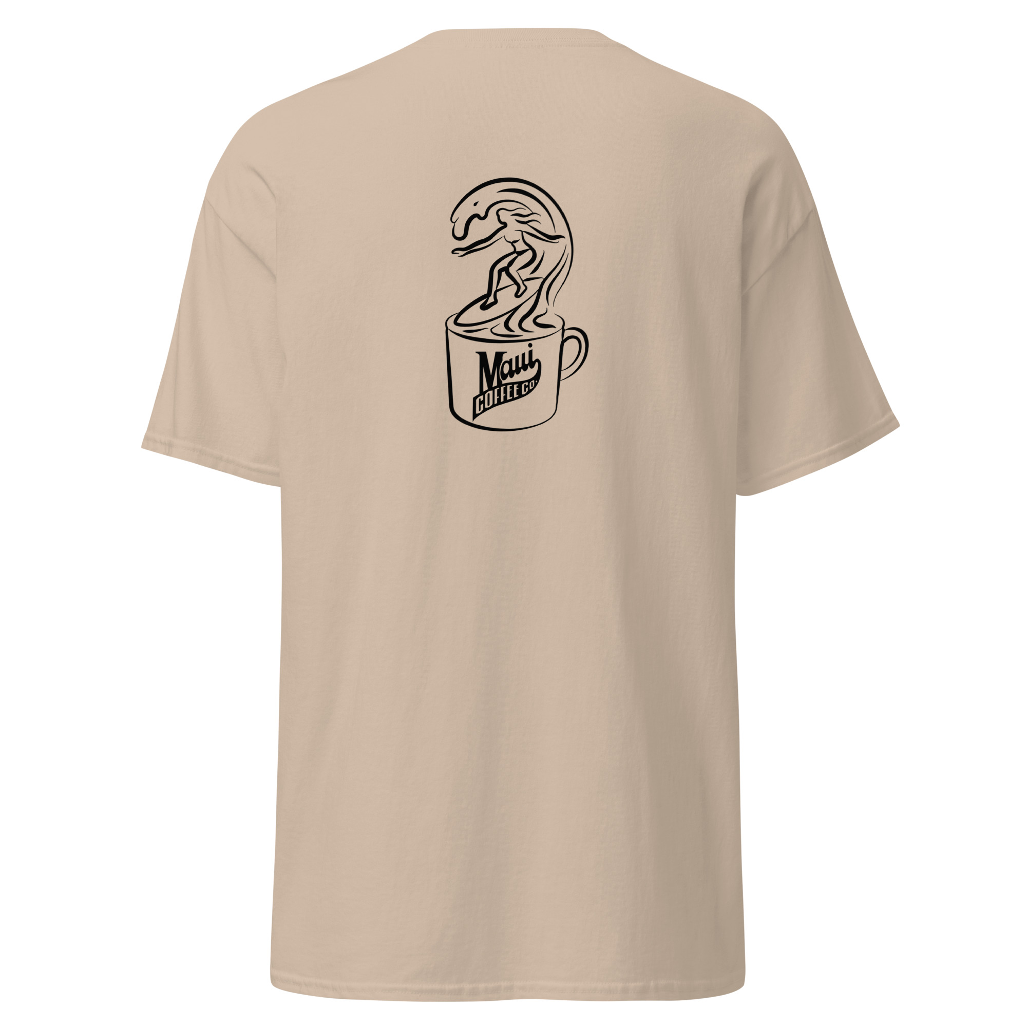 Surfer Unisex Classic Tee in beige featuring a back graphic of a surfer riding a wave emerging from a Maui Coffee cup.