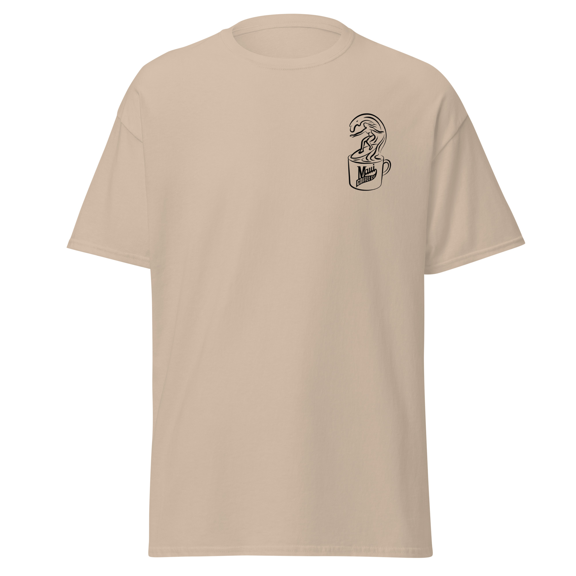 Beige Surfer Unisex Classic Tee featuring a small black line art graphic of a dinosaur standing inside a coffee cup labeled “Mug” on the left chest.