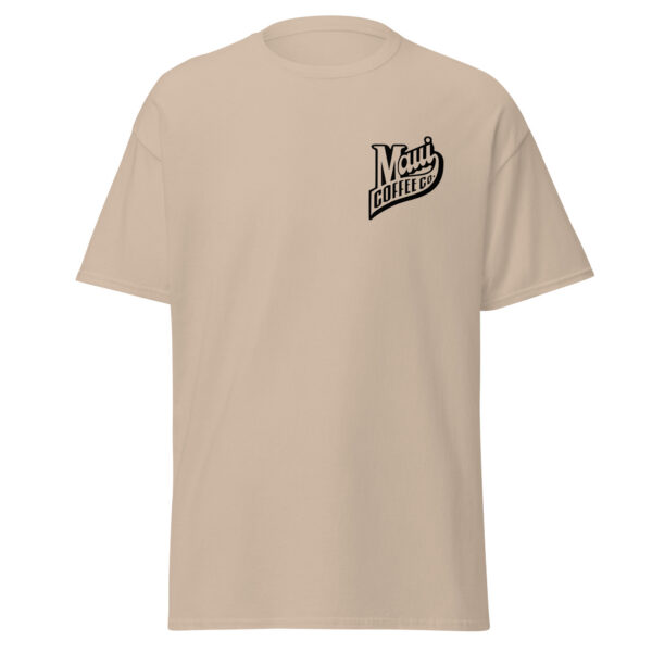 Unisex classic tee in beige, featuring a black Maui Coffee Co. logo on the left chest area. This shirt has short sleeves and a crew neckline, displayed on a plain white background.