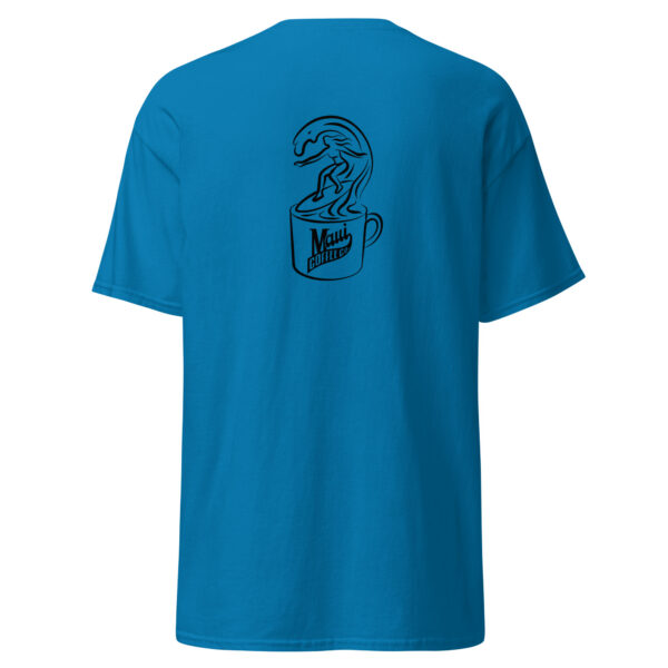 Surfer Unisex Classic Tee in blue, showcasing a line drawing of a surfer riding a wave that flows from a Maui Coffee Co. cup on the back.