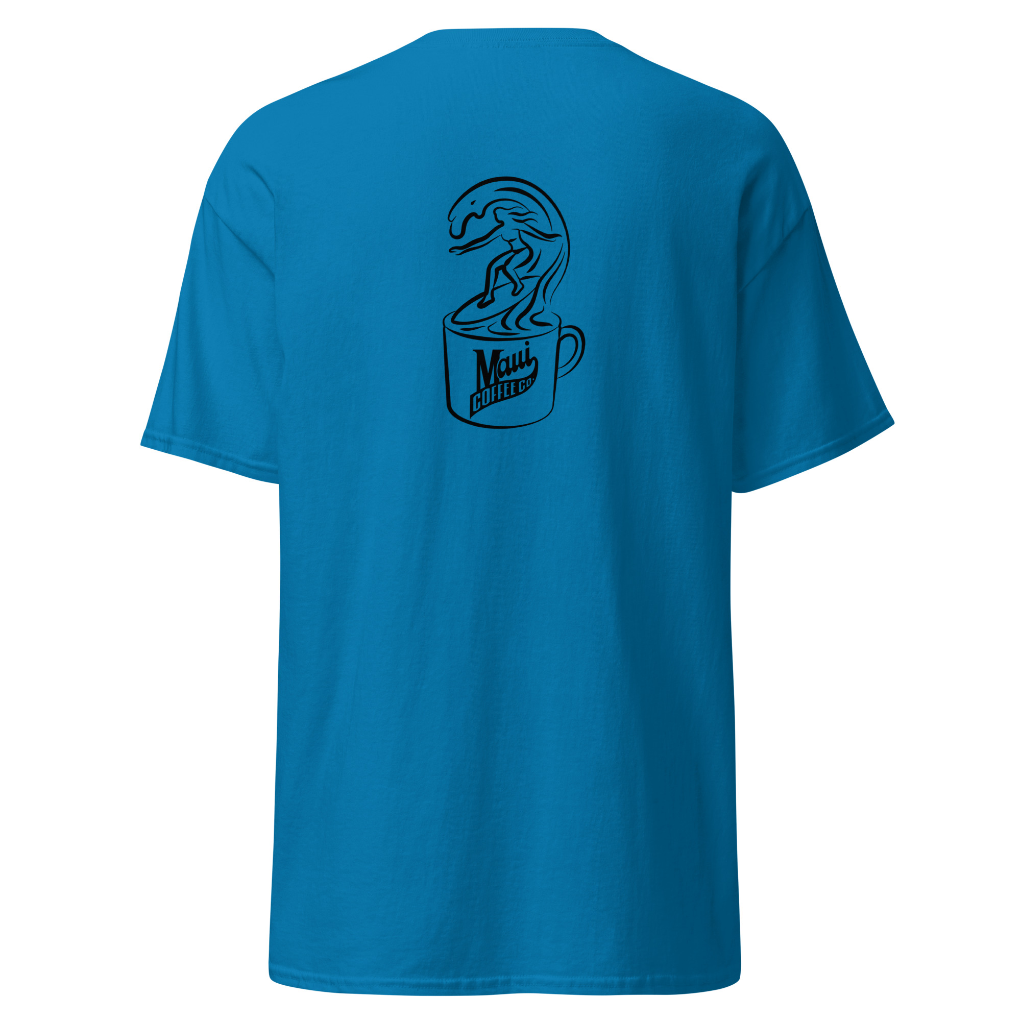 Surfer Unisex Classic Tee in blue, showcasing a line drawing of a surfer riding a wave that flows from a Maui Coffee Co. cup on the back.