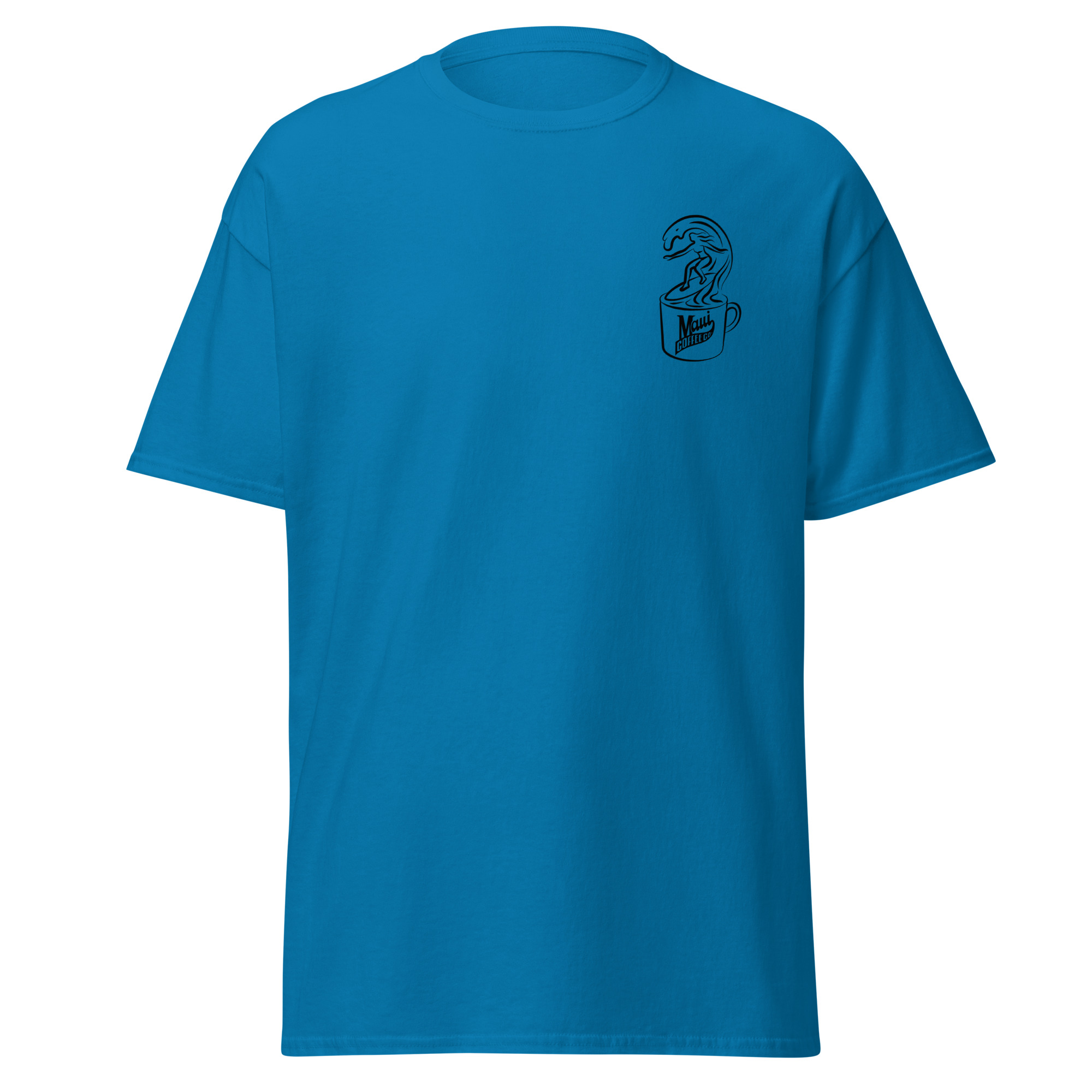 A Surfer Unisex Classic Tee in bright blue featuring a small black line drawing of a dinosaur emerging from a coffee mug on the left chest area.