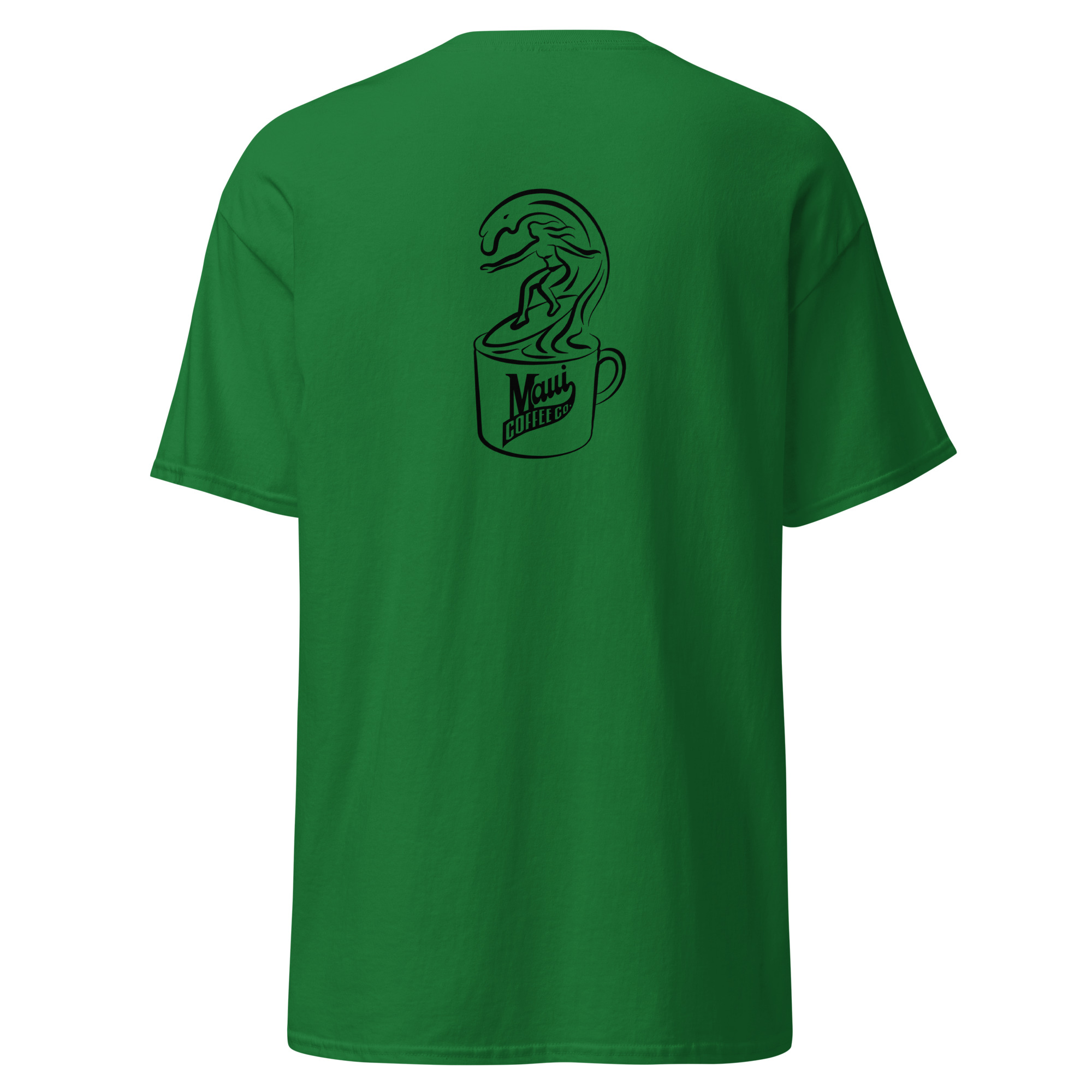 A Surfer Unisex Classic Tee in green, showcasing a black outline graphic of a surfer riding a wave emerging from a Maui Coffee Co. cup on the back.