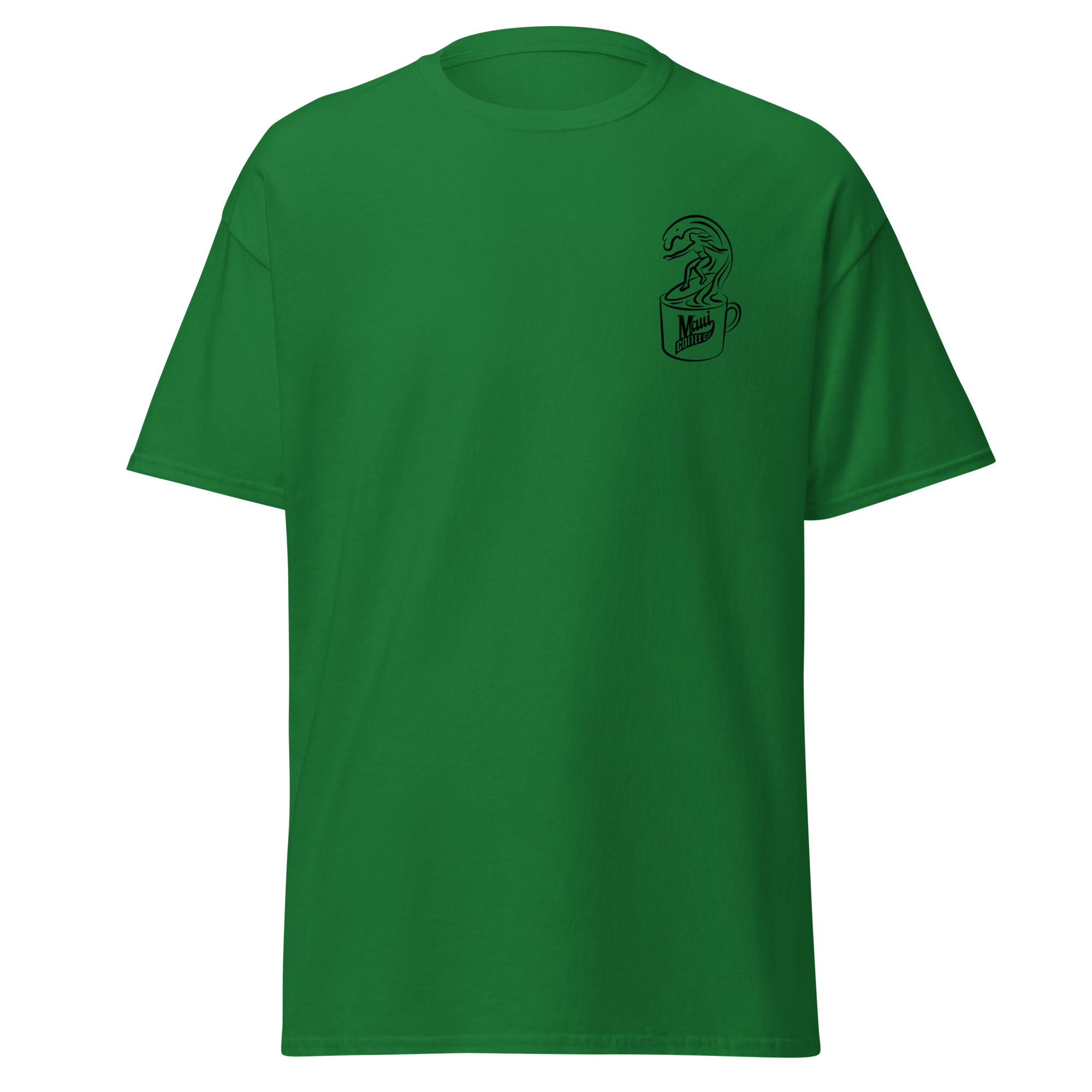 Surfer Unisex Classic Tee featuring a small black graphic on the left chest of a dinosaur popping out of a coffee cup labeled “Mug.”.