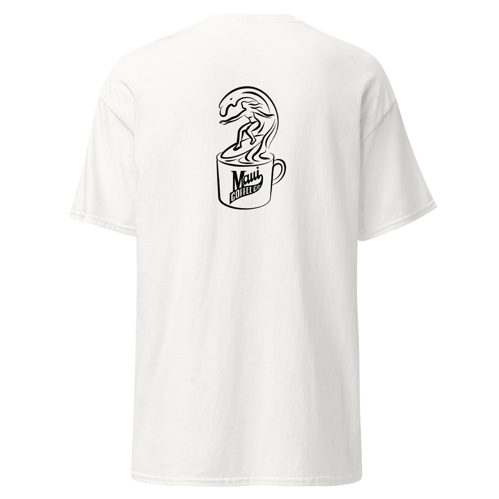 Surfer Unisex Classic Tee featuring a black line drawing on the back of a surfer riding a wave emerging from a Maui Coffee cup.