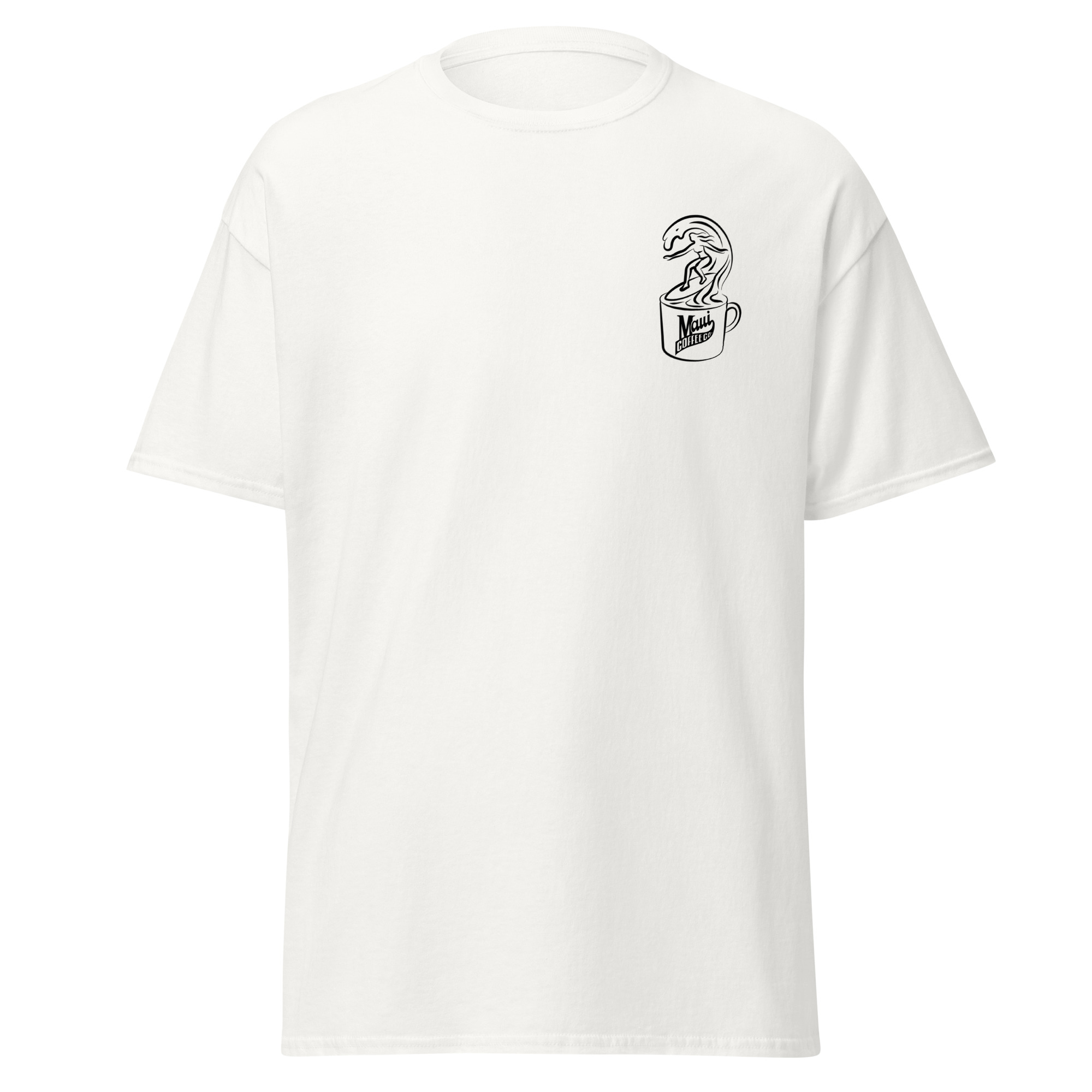 Surfer Unisex Classic Tee featuring a small black graphic on the left chest of a dinosaur emerging from a coffee mug labeled “Mug.”.