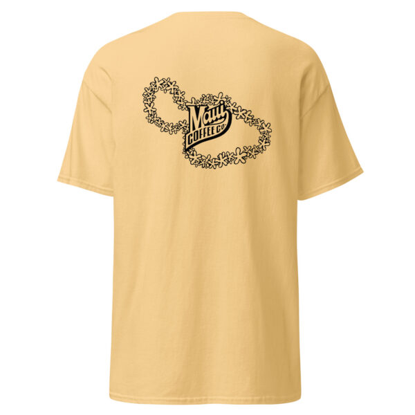 The Lei Unisex Classic Tee is a light yellow T-shirt featuring a black Maui Coffee Co. logo on the back, encircled by a floral lei graphic in the shape of the Hawaiian islands.