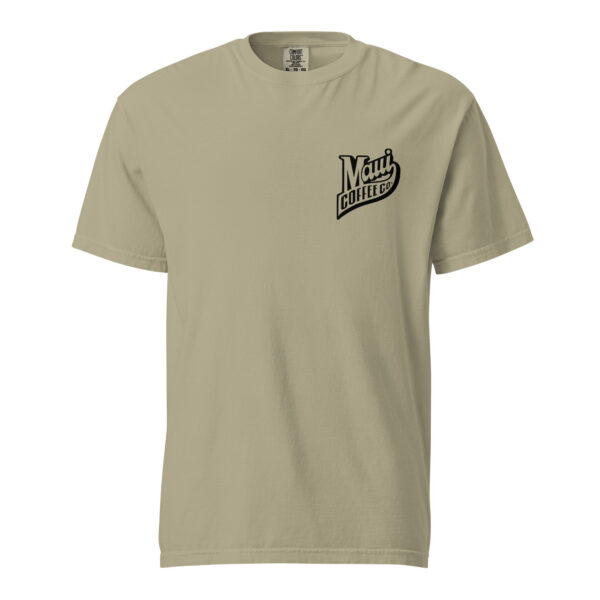 Maui Coffee Co. Unisex T-Shirt in beige with short sleeves, featuring a small black Maui Coffee Co. logo on the left chest. The shirt is displayed laid flat on a white background.