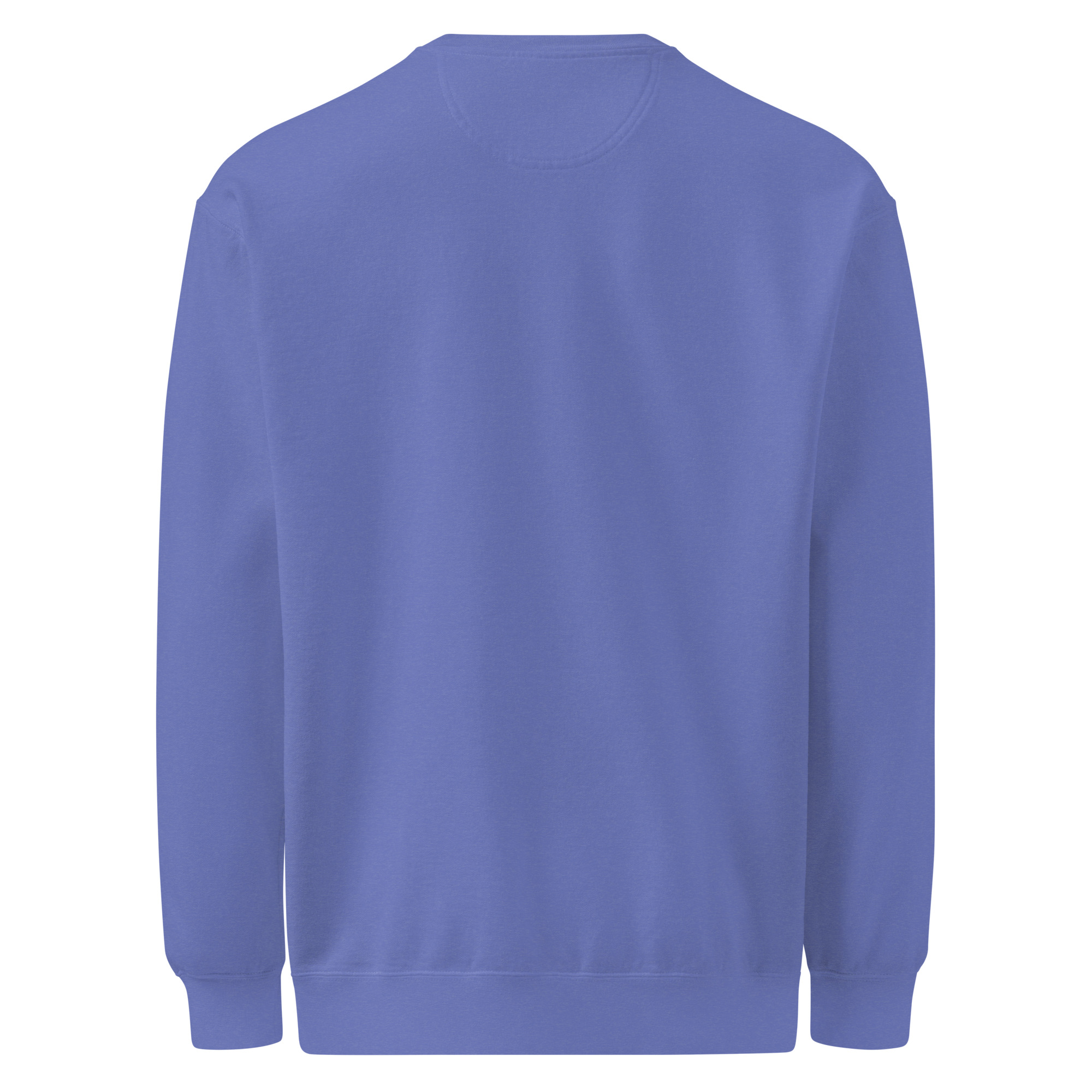 The White Lei Unisex Sweatshirt is a plain, long-sleeve crewneck in a solid periwinkle blue, shown from the back with no visible logos or designs.
