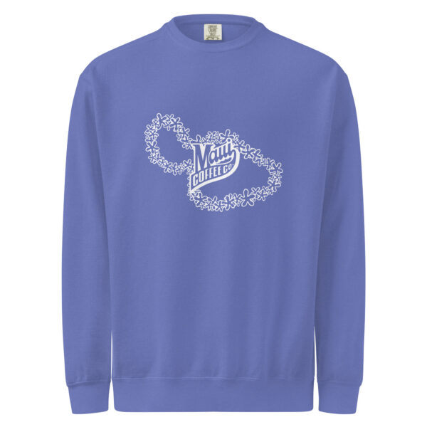 The White Lei Unisex Sweatshirt is a lavender crewneck featuring a white floral lei outline and “Maui Coffee Co” text in the center.
