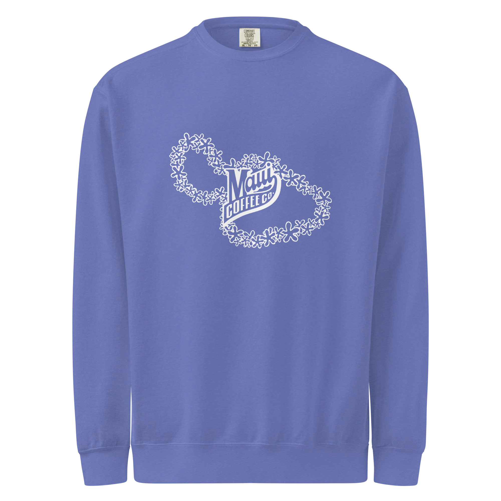 The White Lei Unisex Sweatshirt is a lavender crewneck featuring a white floral lei outline and “Maui Coffee Co” text in the center.