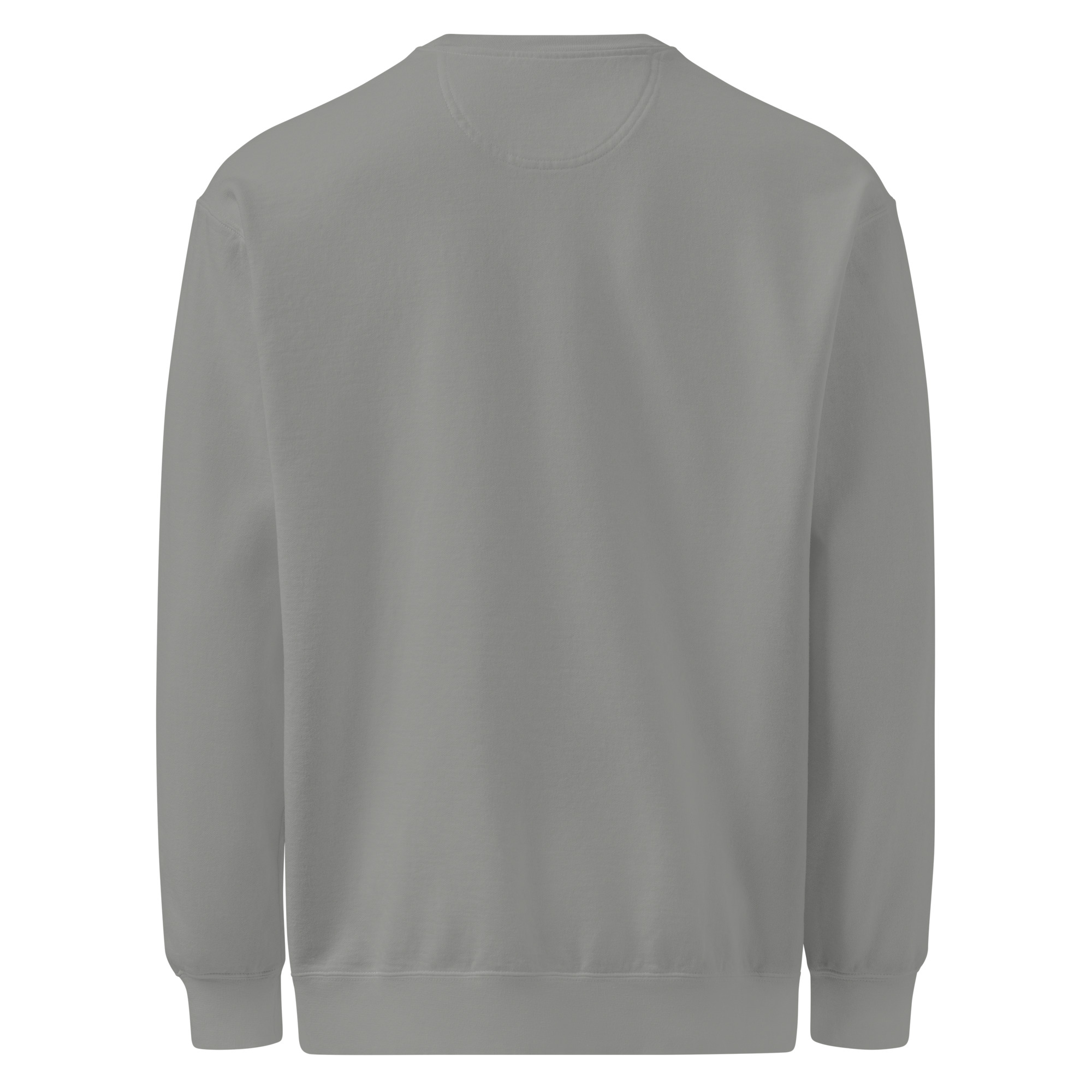A plain, long-sleeve White Lei Unisex Sweatshirt in light gray is shown from the back, featuring no visible logos or designs.