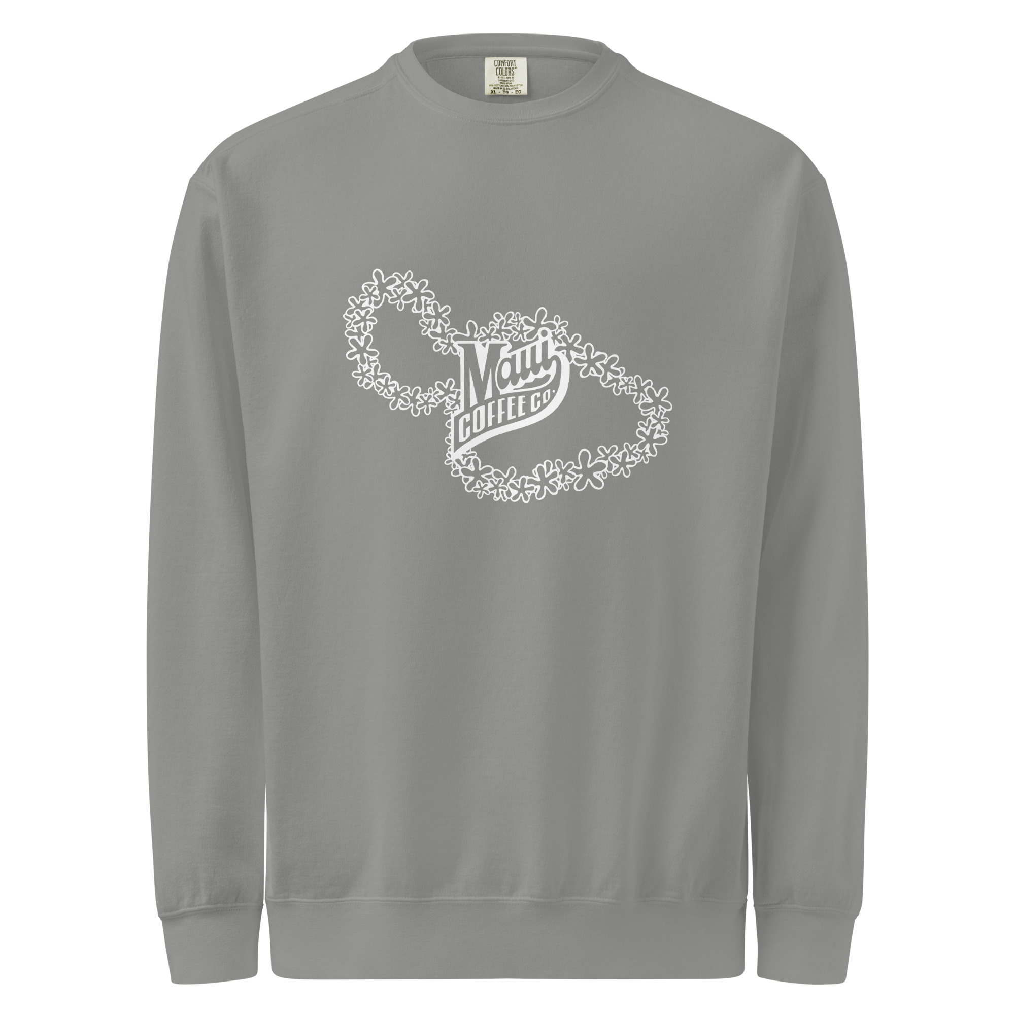 The White Lei Unisex Sweatshirt is a gray crewneck featuring a white floral outline of Maui island and “Maui Coffee Co” in stylized text at the center of the chest.