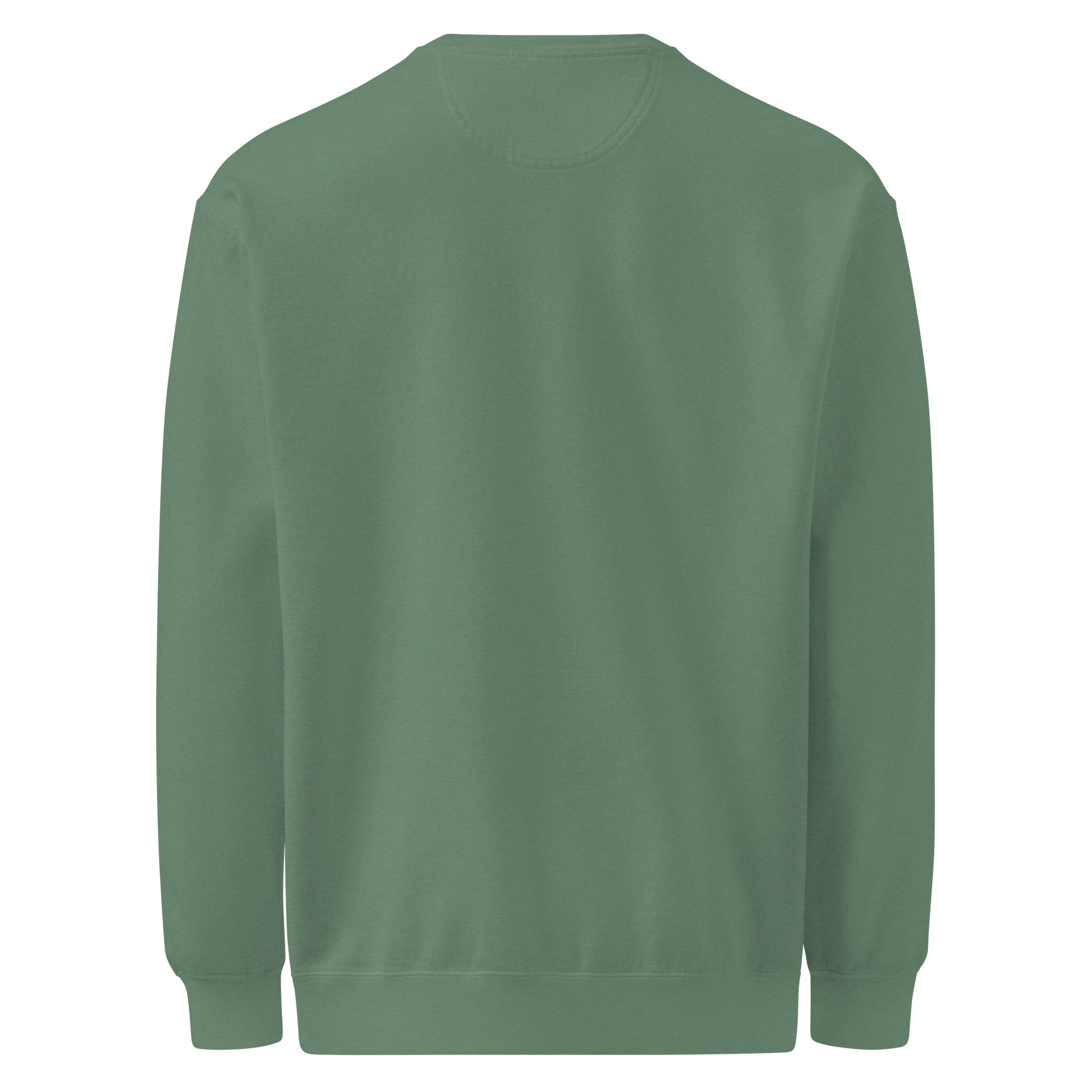 Back view of the White Lei Unisex Sweatshirt, featuring plain long sleeves, a crewneck design, and ribbed cuffs and waistband, shown on a white background.